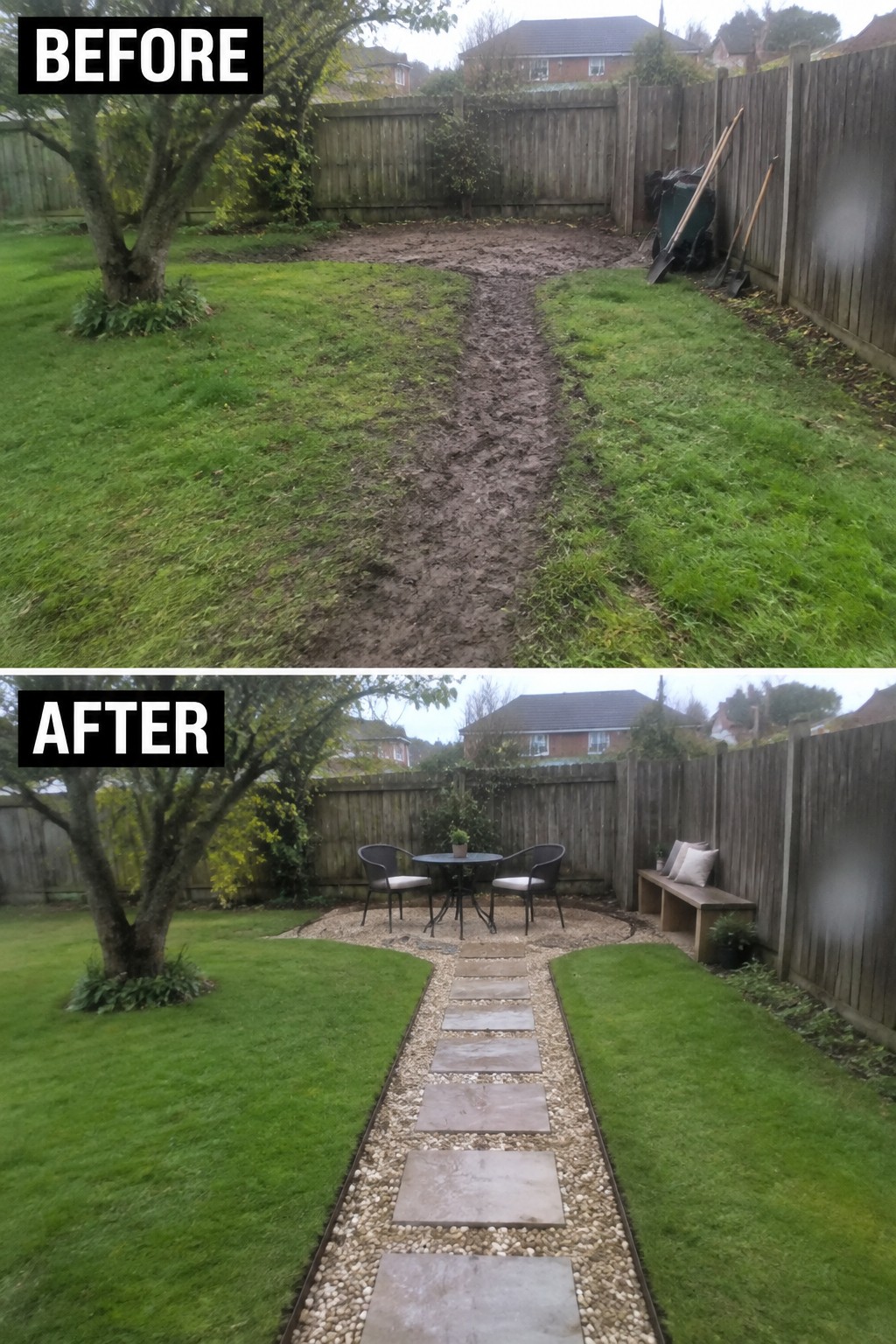 Before and after garden path from muddy trail to stone walkway with patio seating.