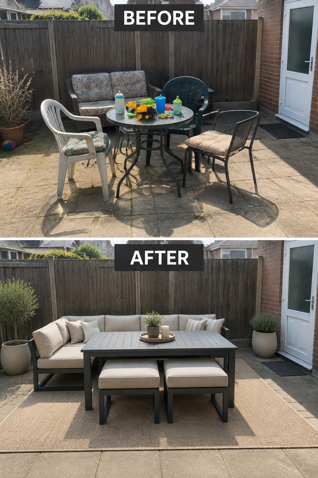 Before cluttered patio with toys and chairs, after modern gray sofa set on rug