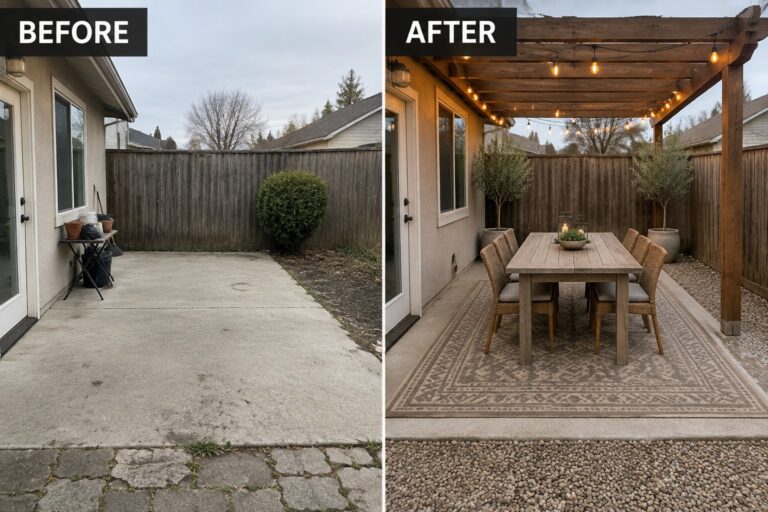 Before-and-after patio transformation with pergola, string lights, dining set, and rug.