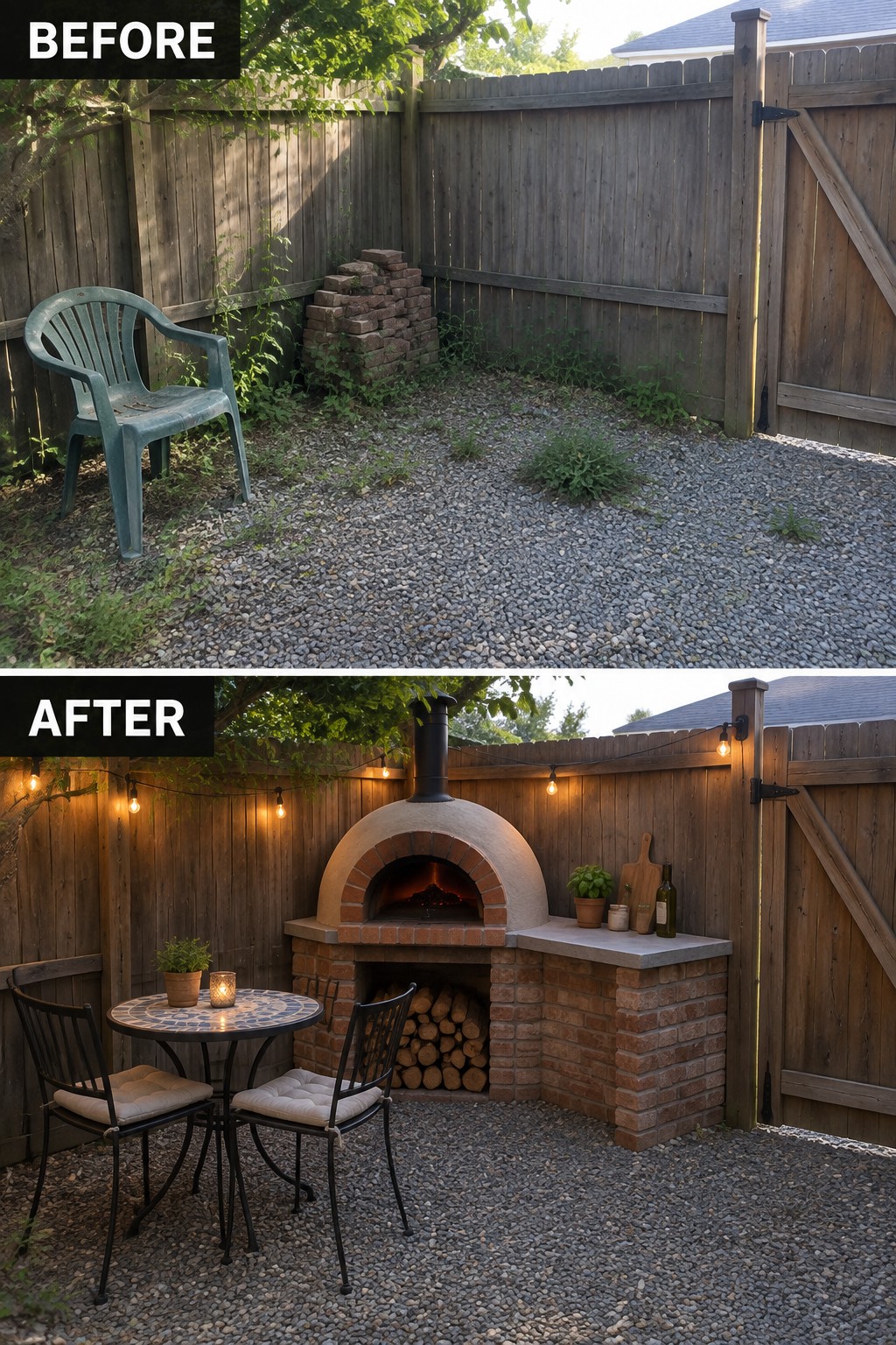 Before and after backyard with new brick pizza oven, lights and patio seating