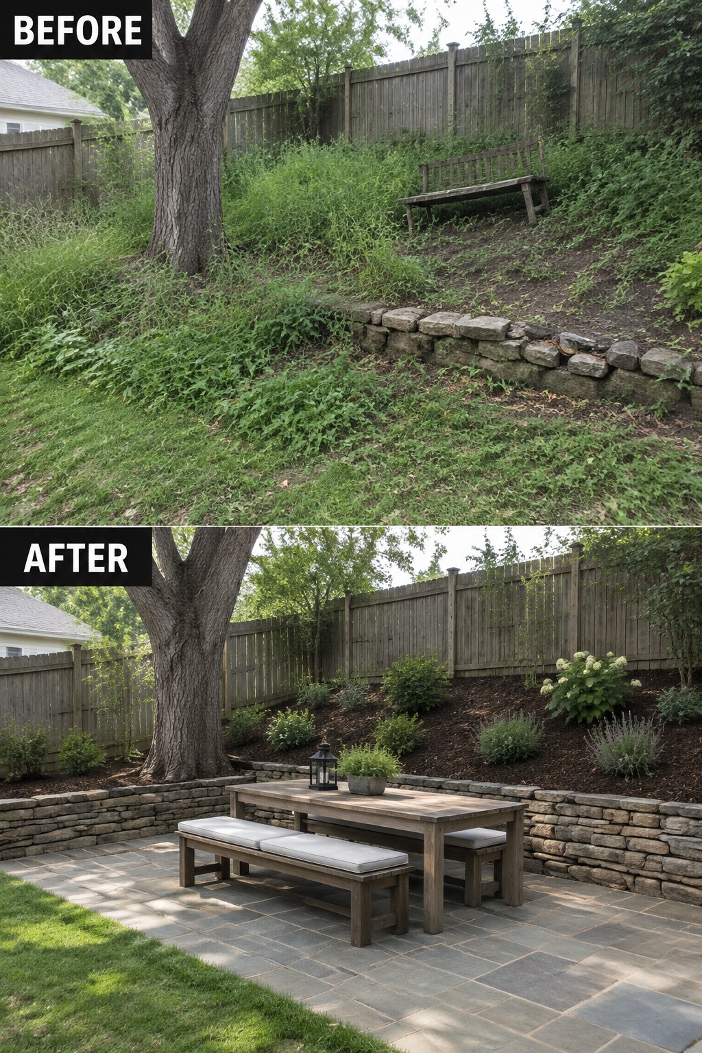 Before and after backyard transformation from overgrown slope to stone patio with wooden furniture