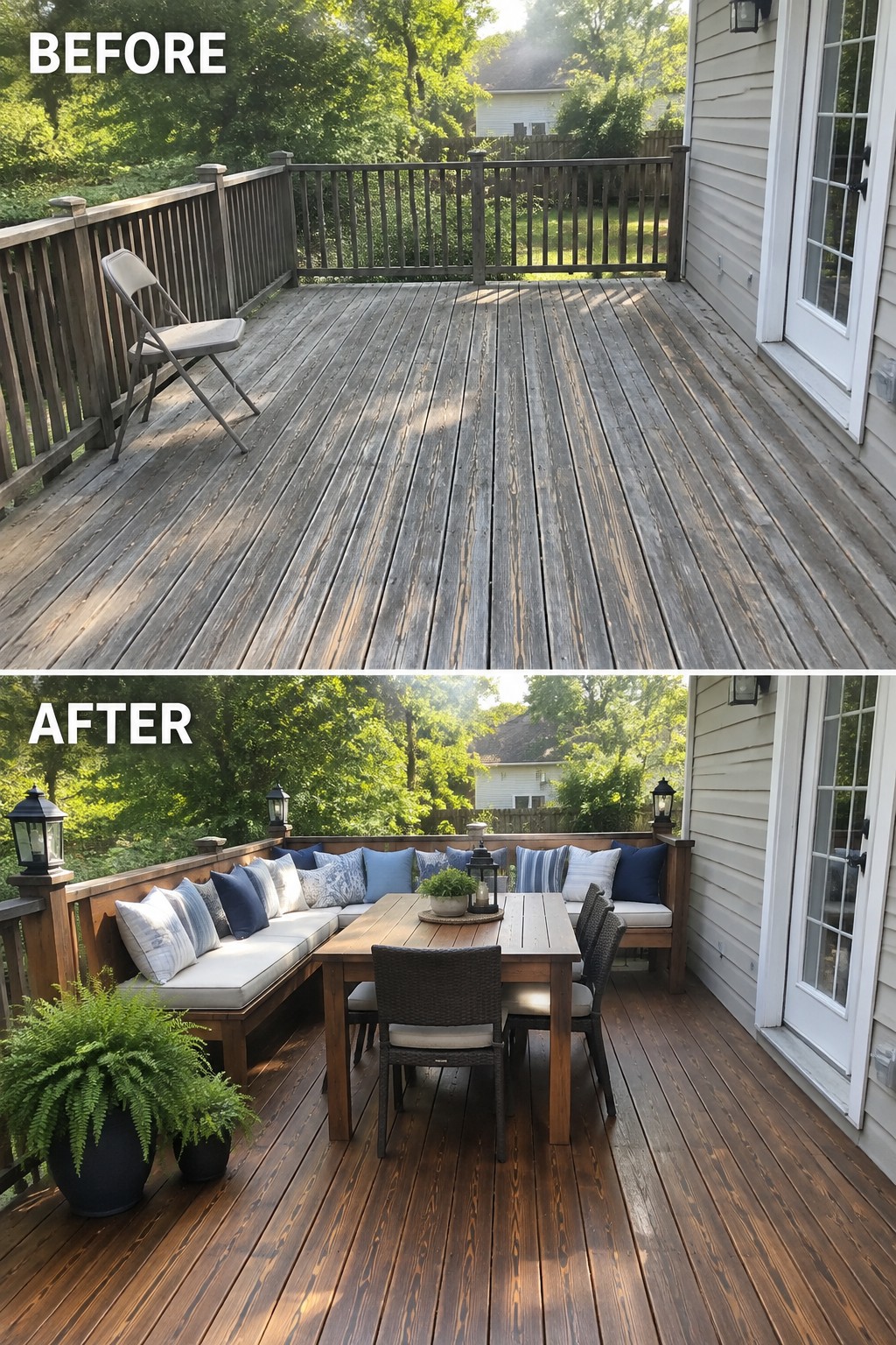 Before-and-after image of an empty wooden deck transformed into a furnished outdoor dining space with a table, chairs, built-in bench seating, and potted plants.