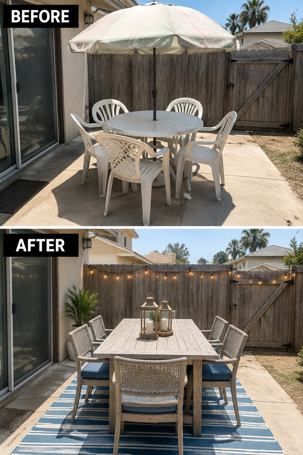 Before and after patio with old plastic chairs above modern wooden set and lights below.