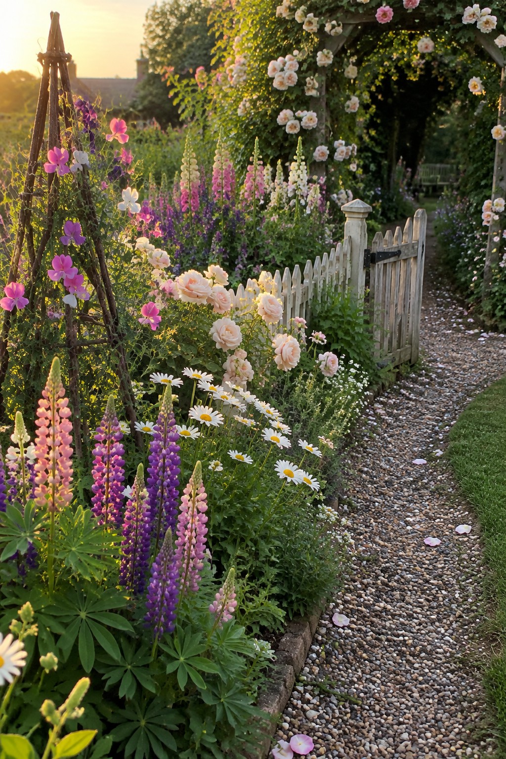 A gravel garden path runs beside a flower bed filled with pink roses, purple and pink lupines, white daisies, and other blooming plants, with a wooden picket gate and rose-covered arch in the background.