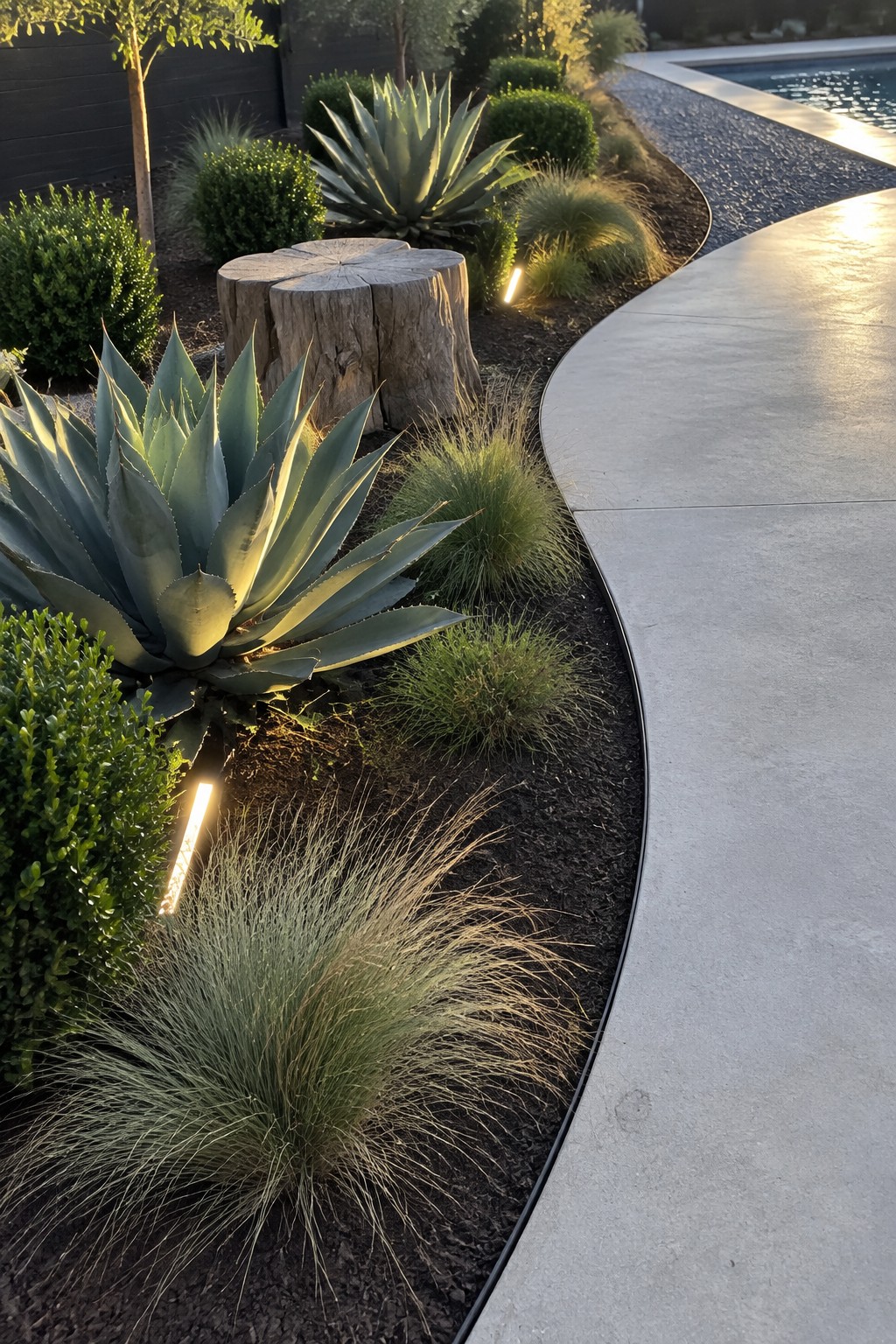 A mulched backyard flower bed with agave plants and ornamental grasses bordered by a wide curved concrete edge next to a pool.