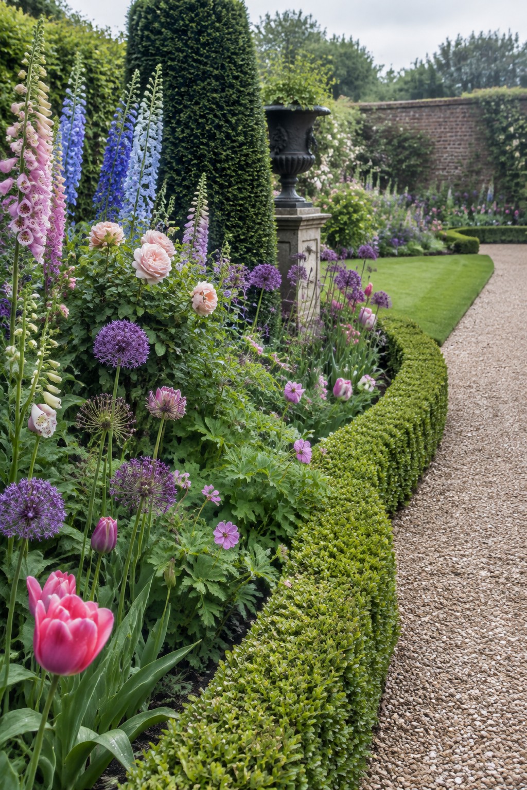A backyard garden with curved flower beds bordered by a low green hedge, featuring colorful flowers including tulips, foxgloves, and alliums next to a gravel path.