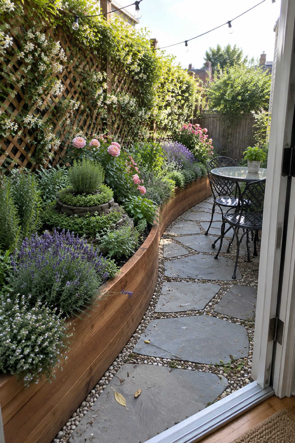A backyard garden shows a long curved wooden raised flower bed filled with lavender, roses, and greenery beside a stone pathway leading to a small patio with seating.