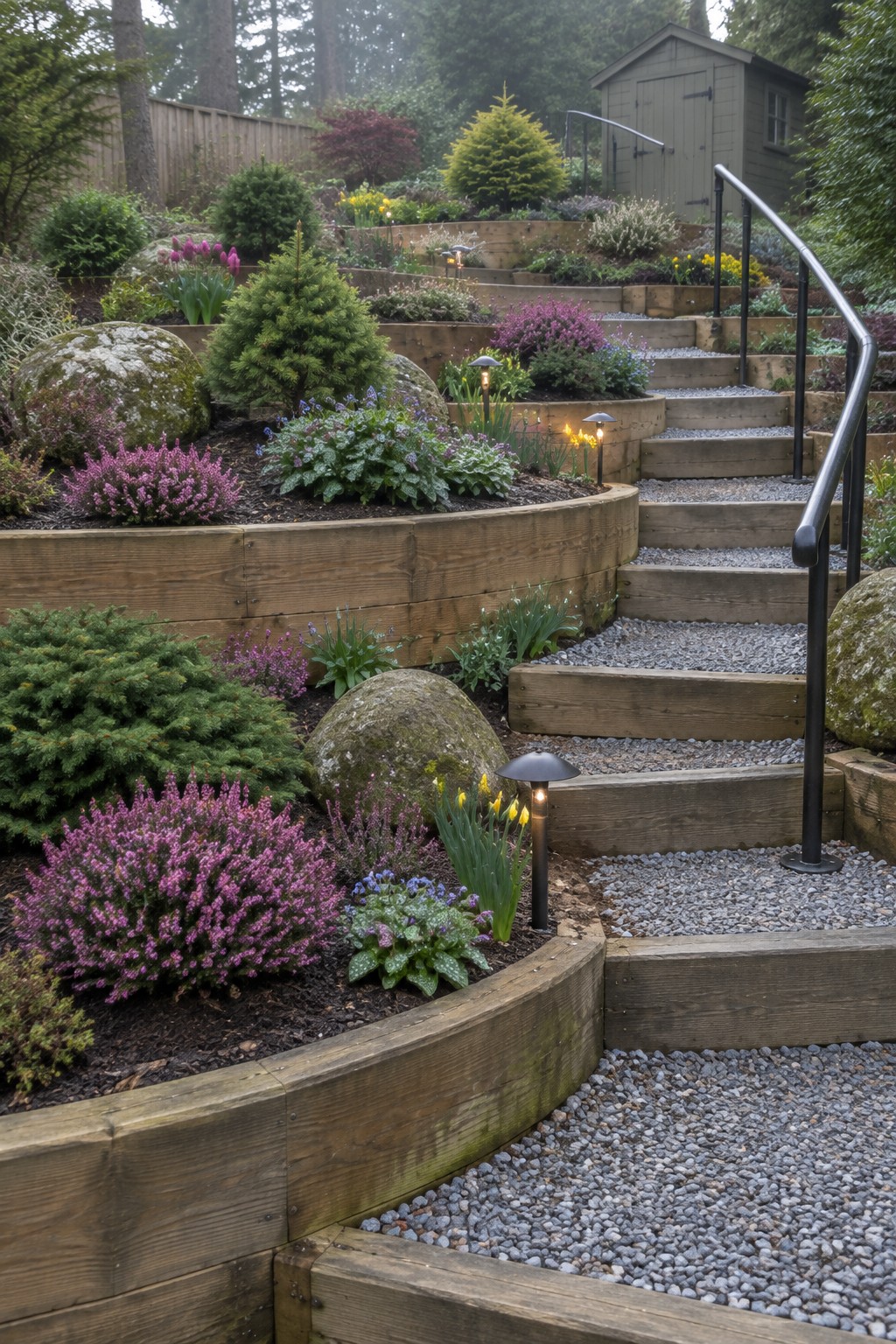 A sloped backyard garden with multiple tiers of curved wooden retaining walls forming flower beds, connected by gravel paths and wooden stairs with a black handrail.