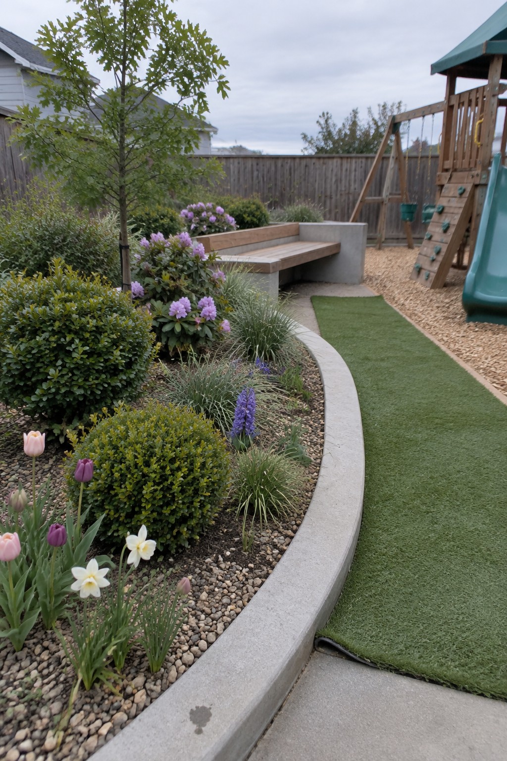 A backyard flower bed bordered by a low curved concrete edge, filled with shrubs, tulips, and grasses, beside a strip of artificial turf.