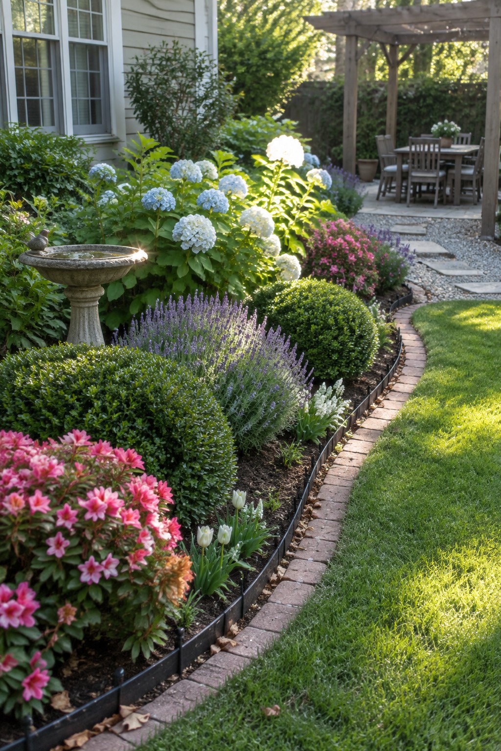 A backyard view showing a long flower bed with curved brick edging, layered plants and shrubs, and a green lawn beside it.