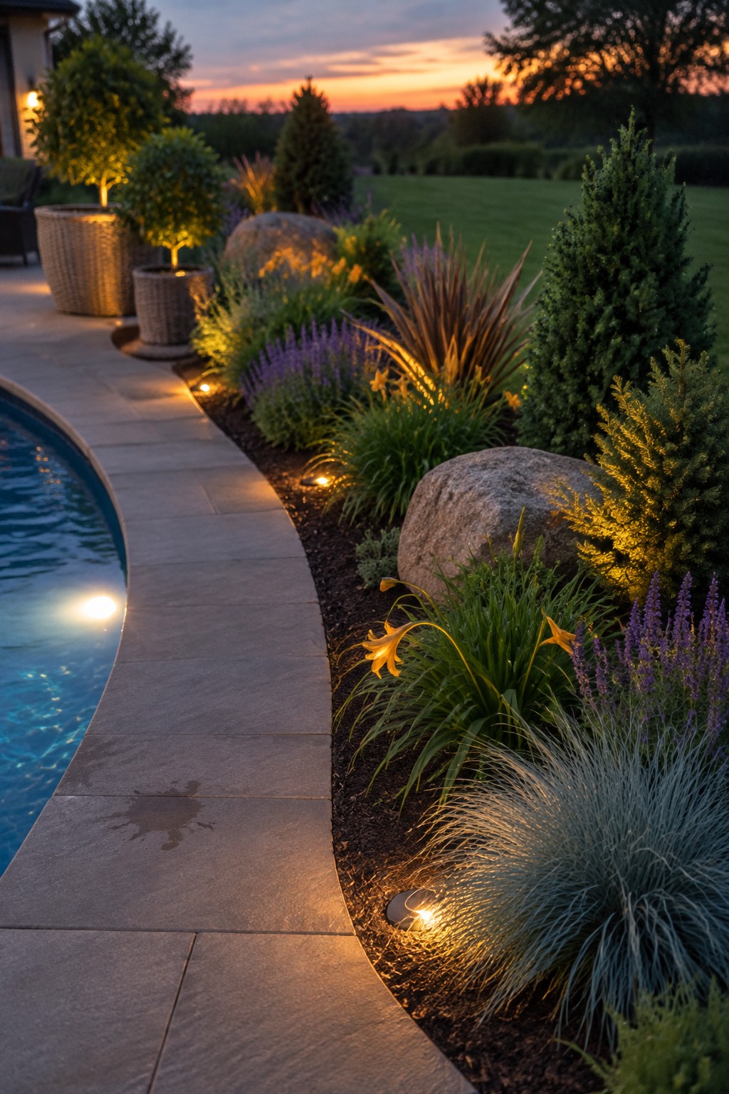 Illuminated garden with purple flowers and yellow lilies beside stone pool at dusk