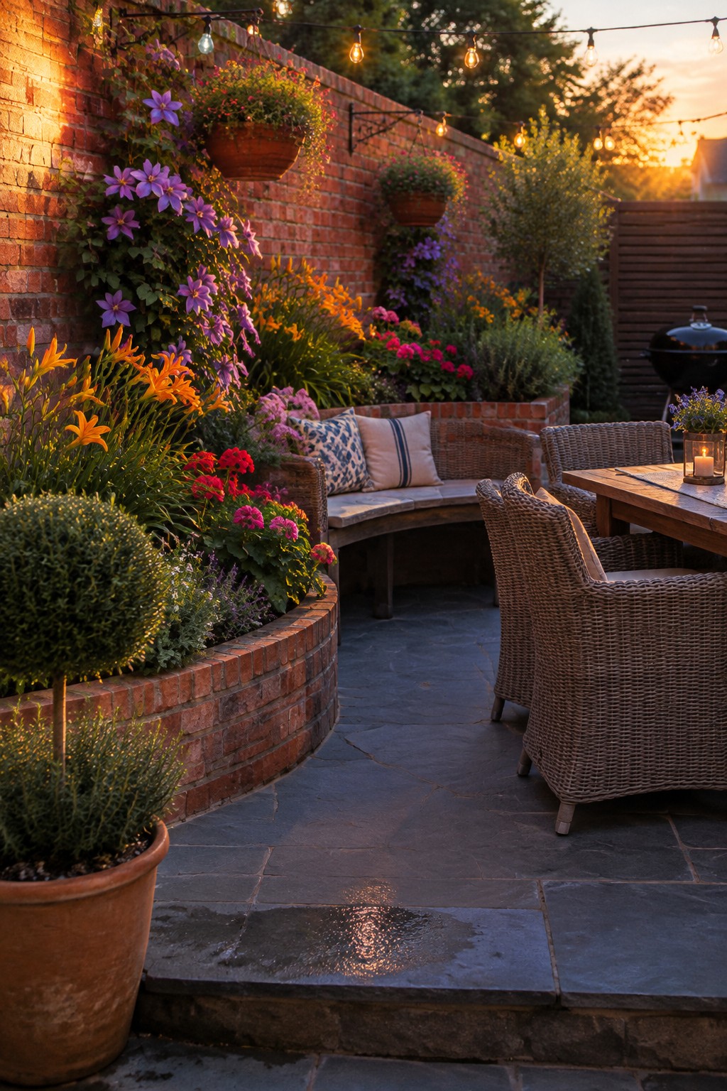 A backyard patio area with curved brick flower beds filled with colorful plants and flowers next to wicker seating and a wooden table.