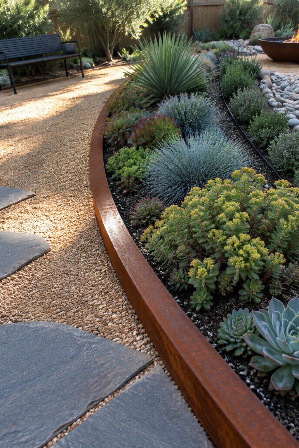 A backyard flower bed with a curved rusted metal border, planted with succulents and grasses beside a gravel path with stone steps.