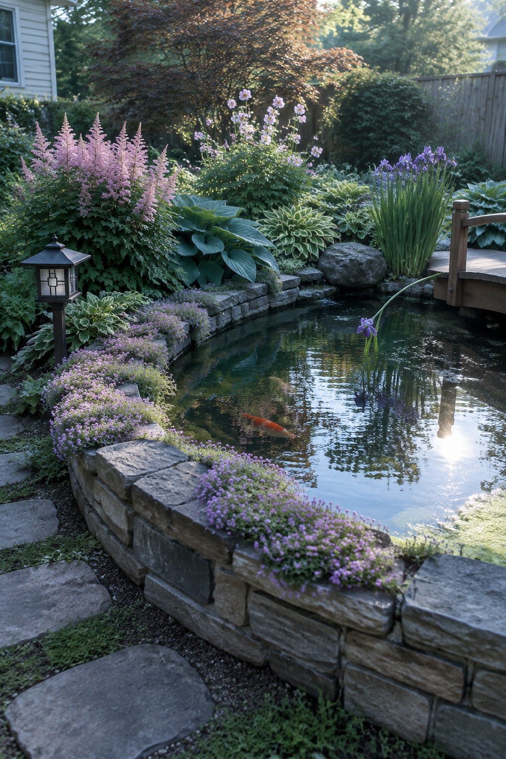 A backyard pond edged with curved stone borders planted with purple flowers, an orange koi visible in the water, and a small wooden bridge on the right side.