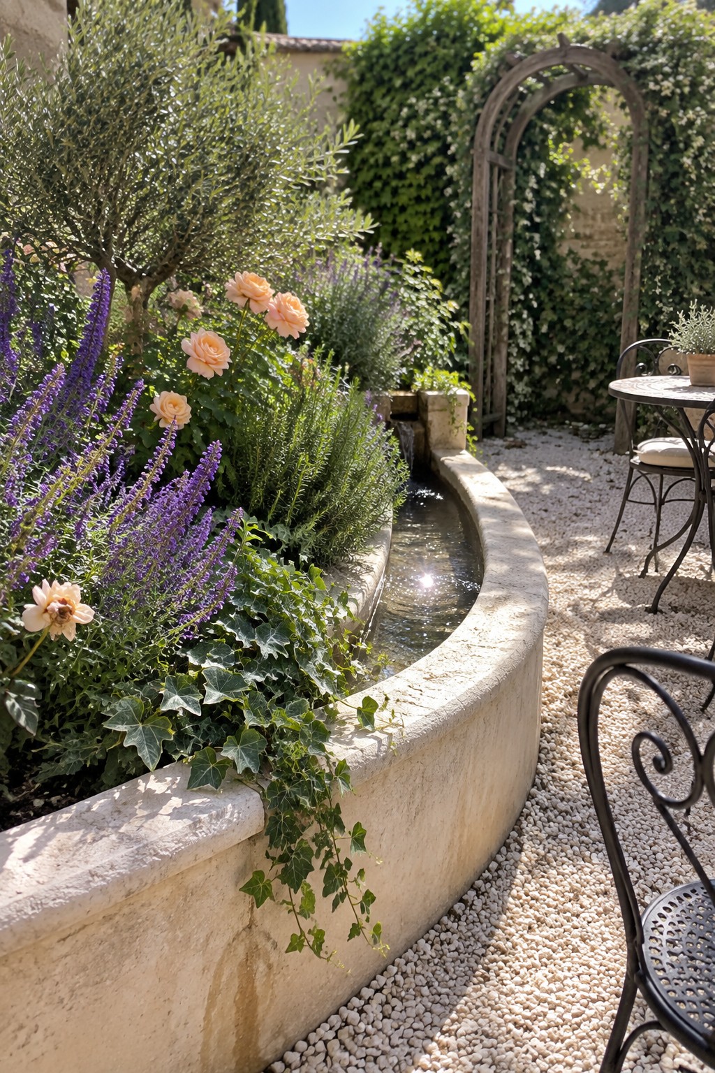 A curved stone flower bed with pink roses, purple blooms, and trailing ivy borders a narrow water channel next to a gravel path with black metal chairs.