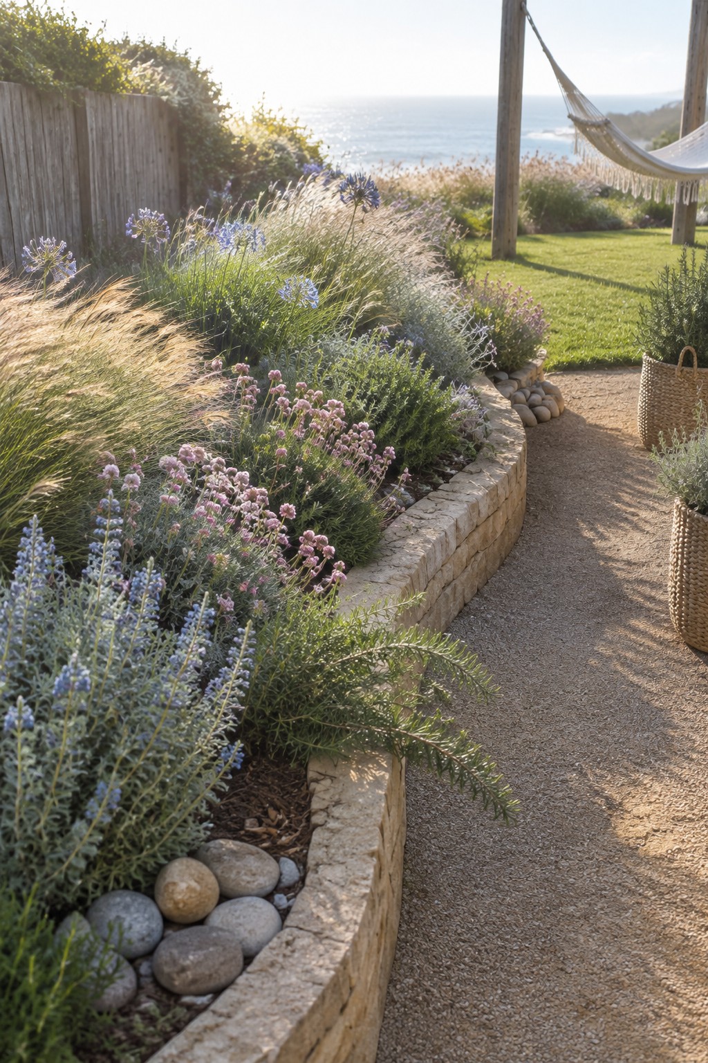 A curved stone border edges a raised flower bed filled with flowering plants and grasses beside a gravel path.