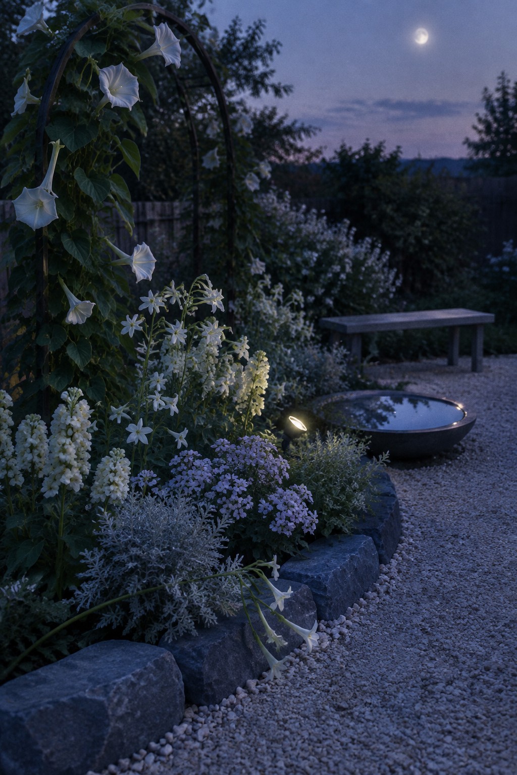A backyard flower bed with a curved border of large dark stones, filled with white and purple flowers, next to a gravel path and a round water basin.