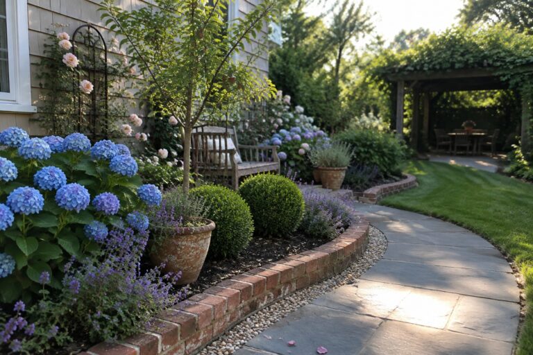 Lush garden with stone path, brick borders, hydrangeas, lavender, roses, and bench.