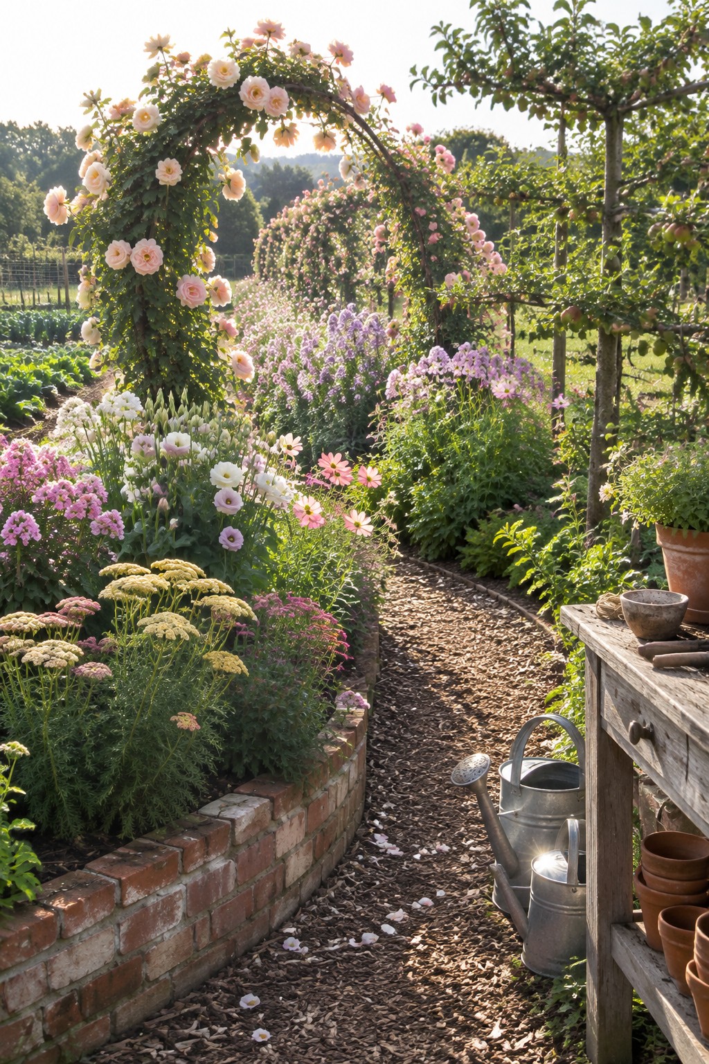 A winding garden path bordered by low brick walls holding layered beds of blooming perennials and roses trained over arches.