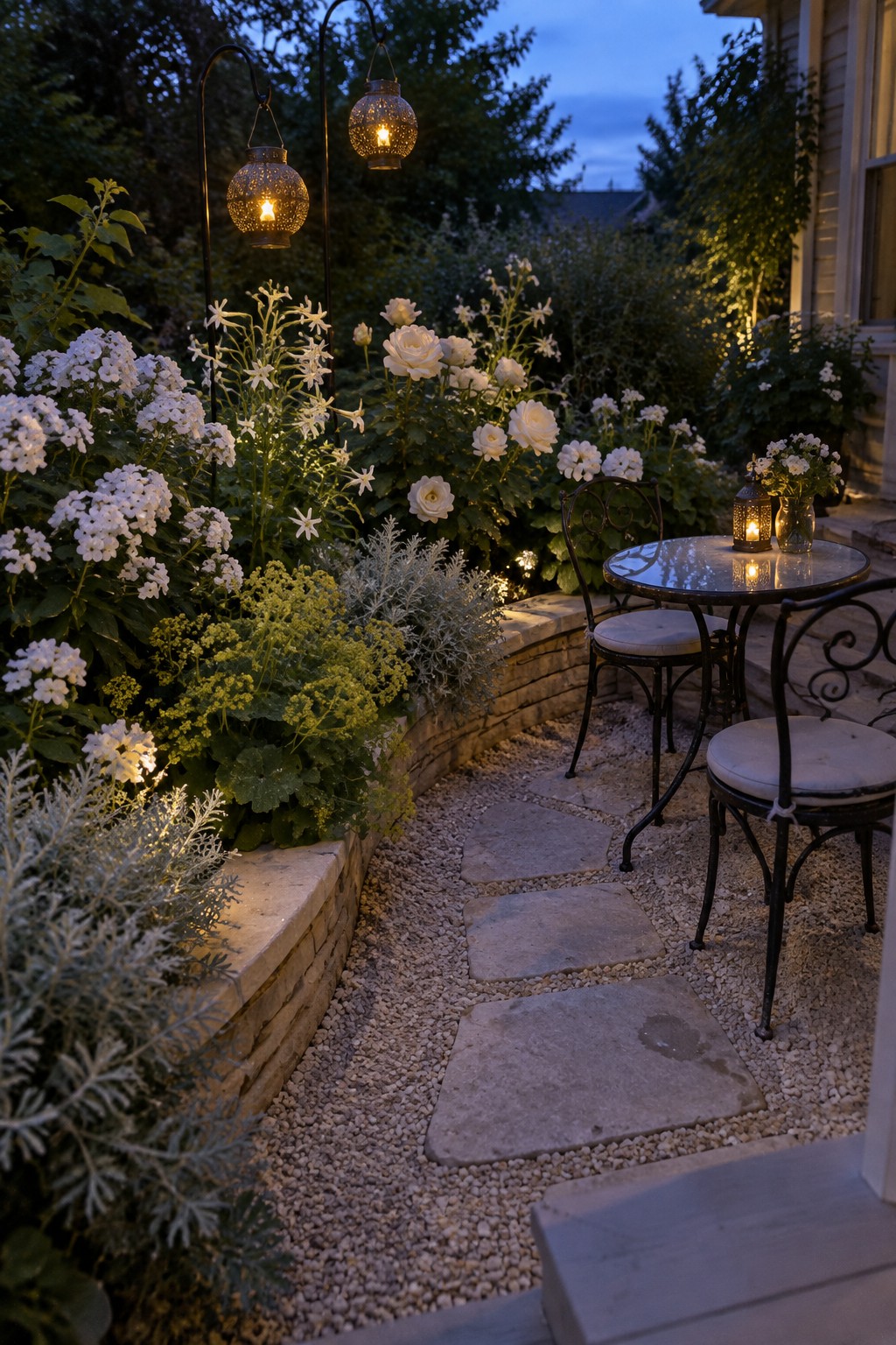 A curved stone raised bed with layered white flowers and greenery borders a gravel path with stone pavers leading to a small patio table and chairs.