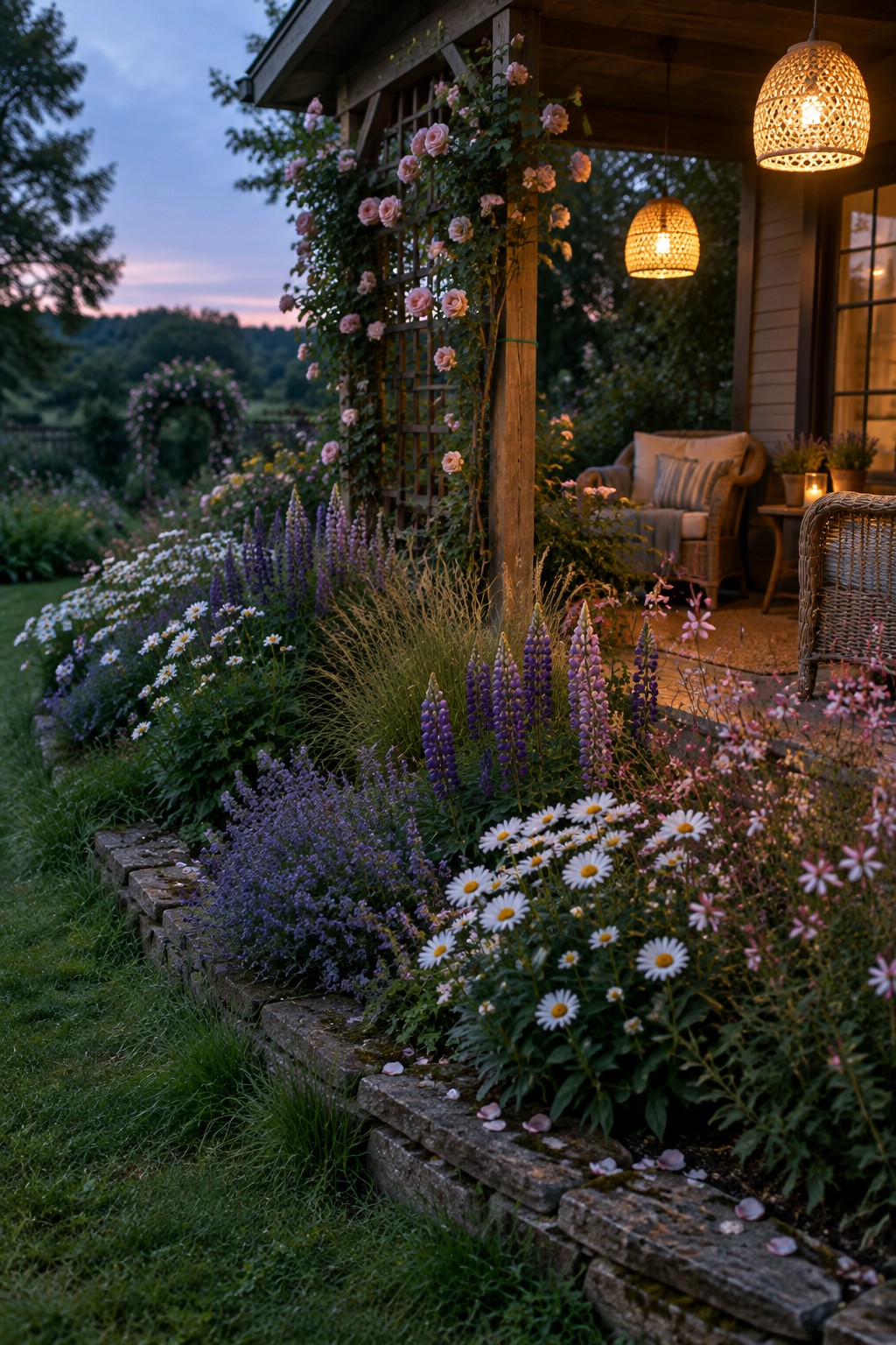 Lush flower garden with daisies and lupines beside vine-covered porch with glowing lanterns.