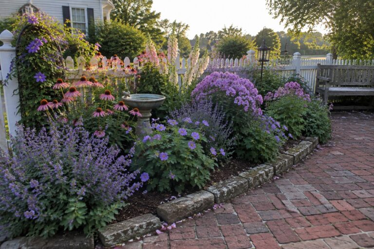 21 Beautiful Flower Garden Design Ideas Focused on Long-Blooming Perennial Borders Lush garden with pink coneflowers, purple phlox, birdbath, brick path, and white fence