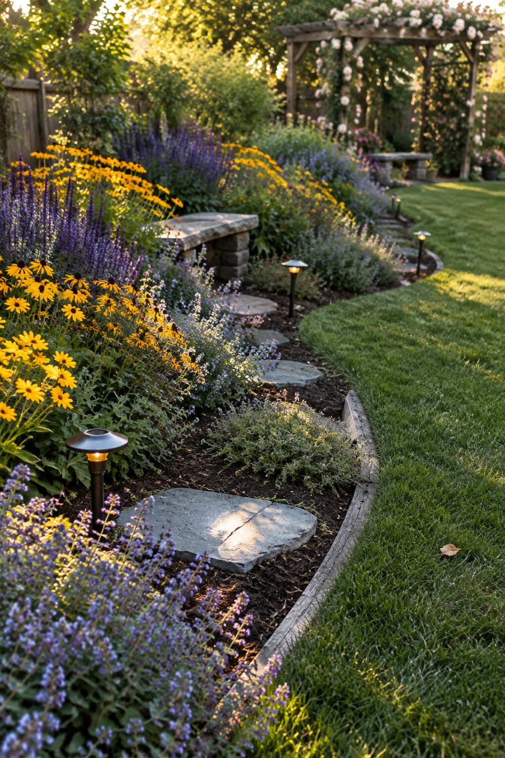A winding stone path runs through layered perennial flower beds with yellow and purple blooms, edged by wood and lit by small solar lights.