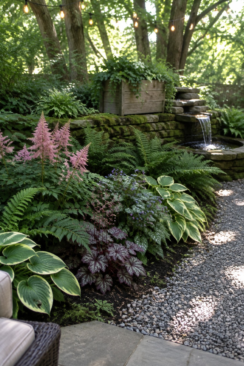 A garden border with ferns, pink astilbe, hostas, and heuchera planted along a moss-covered stone retaining wall next to a small waterfall.