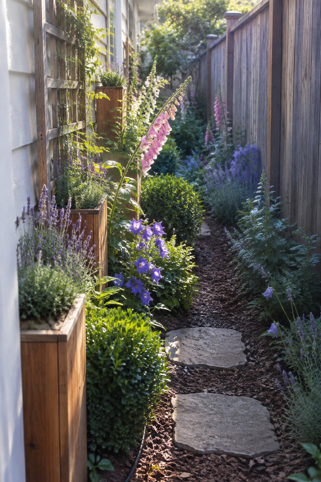 A narrow garden path lined with stone stepping stones, wooden planters, and borders of tall pink foxgloves, purple bellflowers, and lavender.