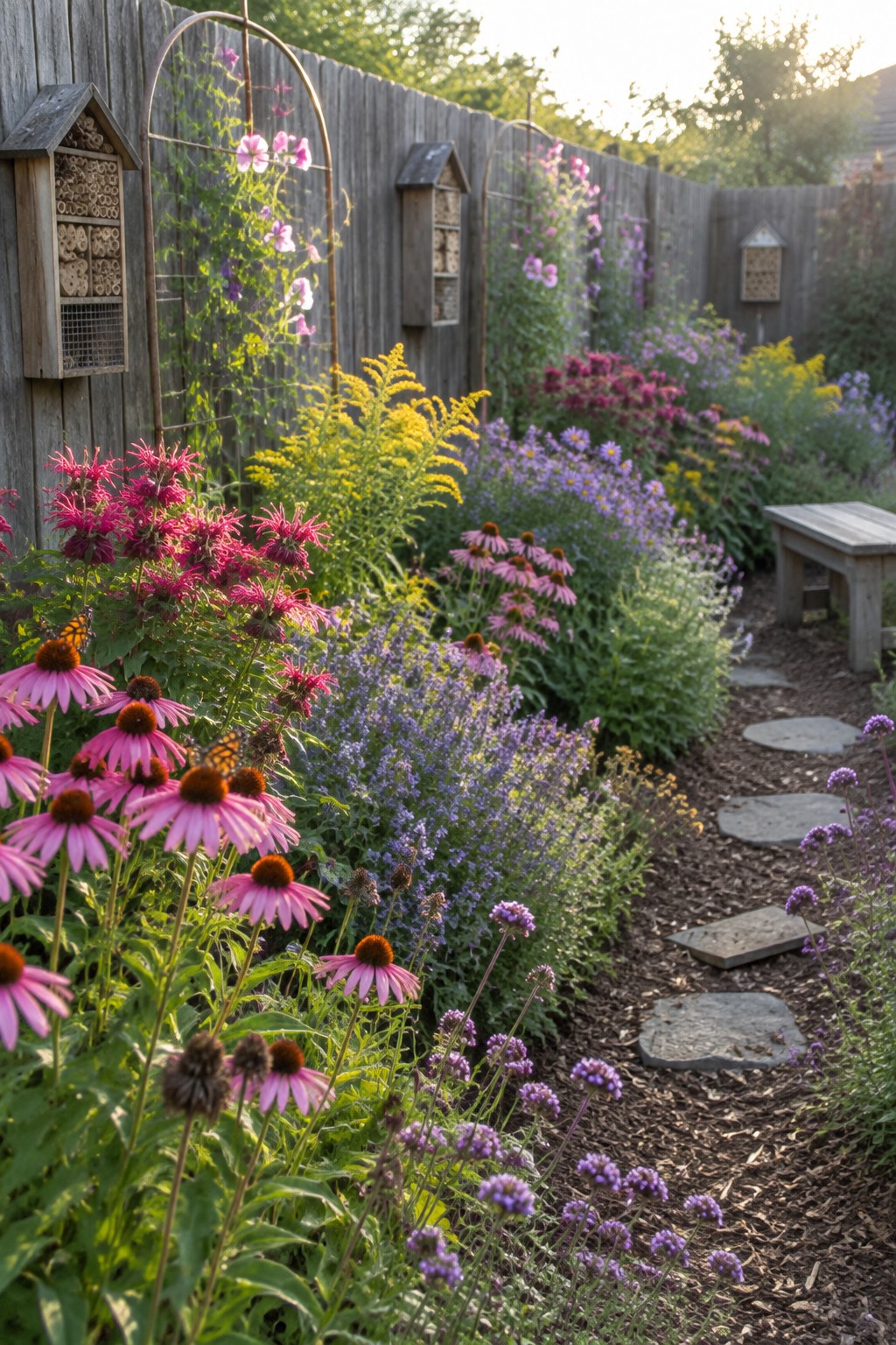 Vibrant garden path of pink coneflowers and purple blooms beside bee houses on fence.
