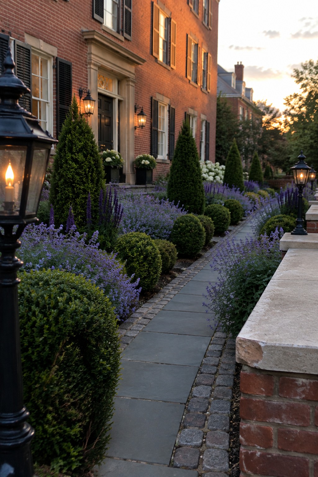 Brick house with lit lanterns along stone path through purple flower garden at dusk