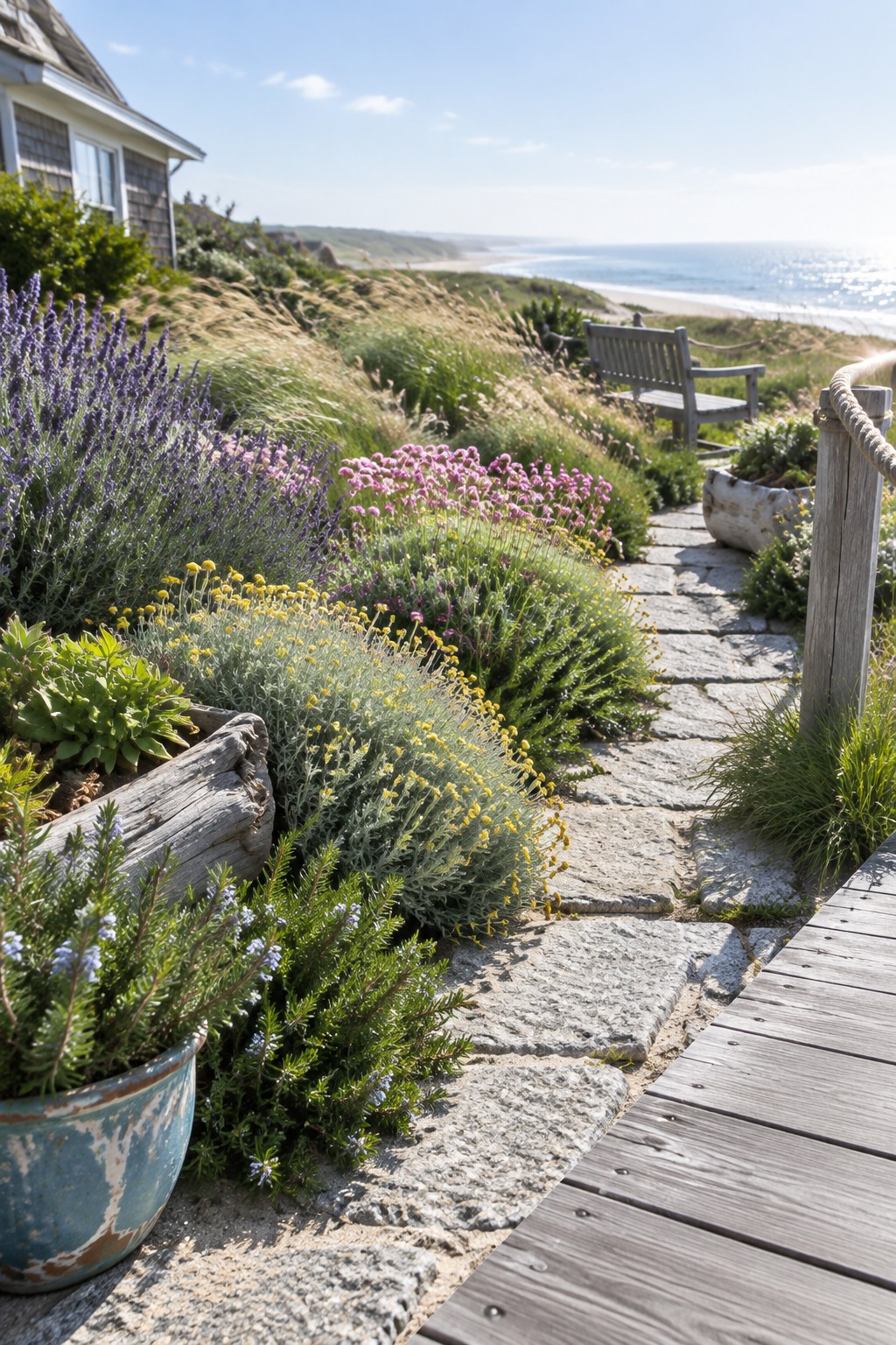 Stone path winds through vibrant flowers toward ocean with bench overlooking beach.