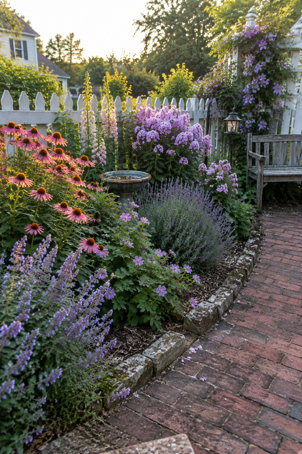 Lush garden with pink coneflowers, purple phlox, birdbath, brick path, and white fence