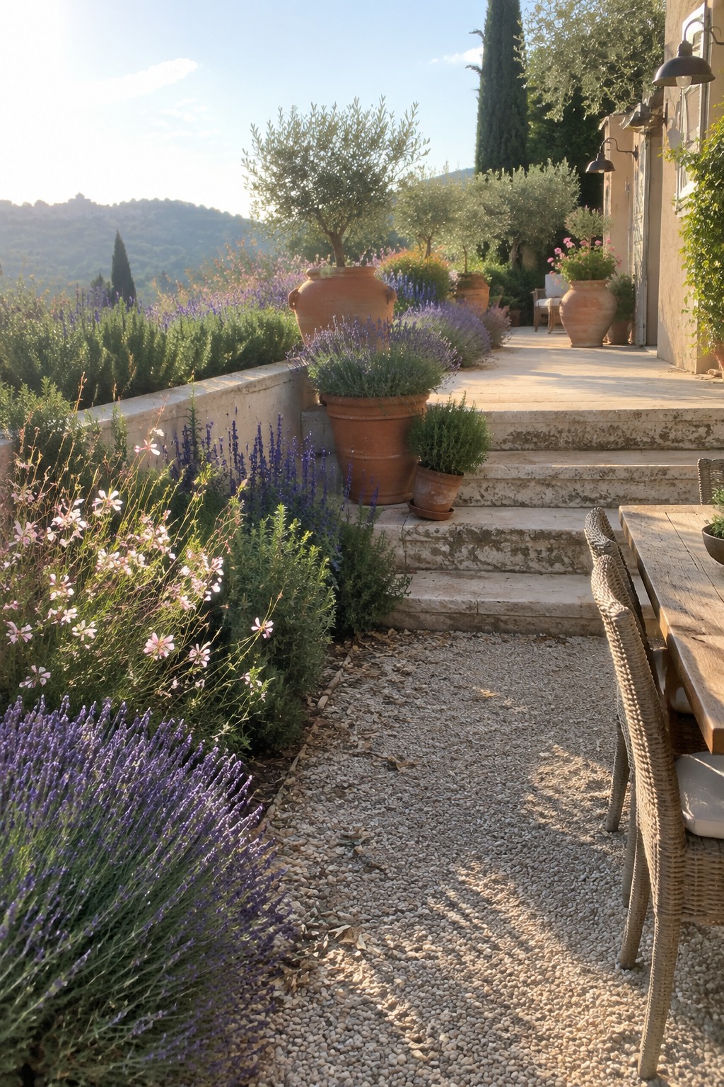 A gravel garden path lined with lavender and pink daisy-like perennials, with terracotta pots on stone steps leading to a patio area.