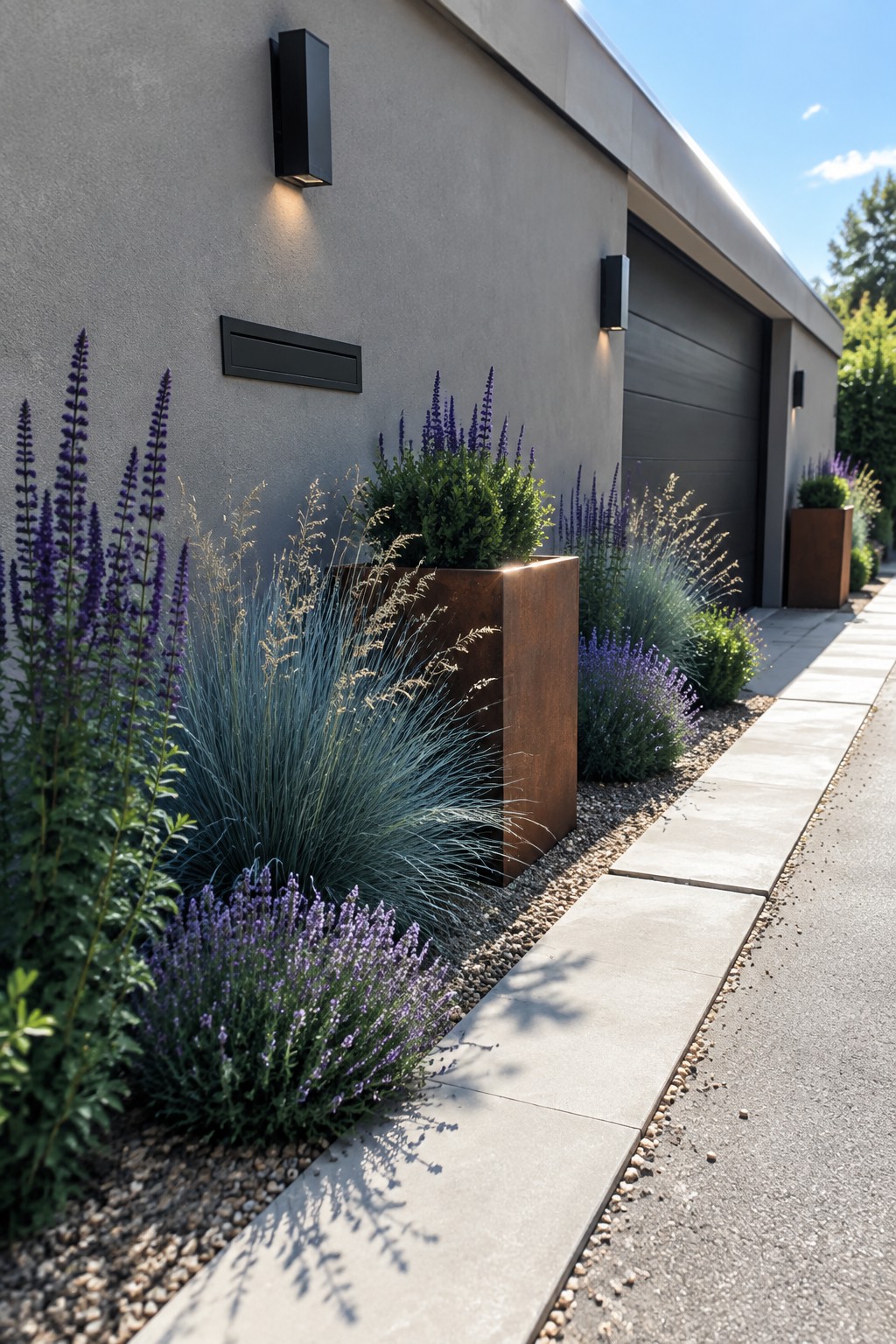 Modern gray wall with black mailbox, lights, purple flowers, and rusty metal planter.