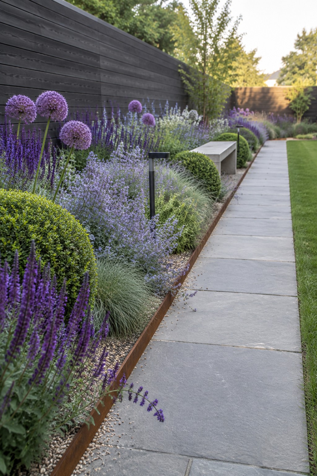 A stone pathway bordered by a metal edge runs beside a dense flower border filled with purple alliums, salvia, grasses, and shrubs against a dark wooden fence.