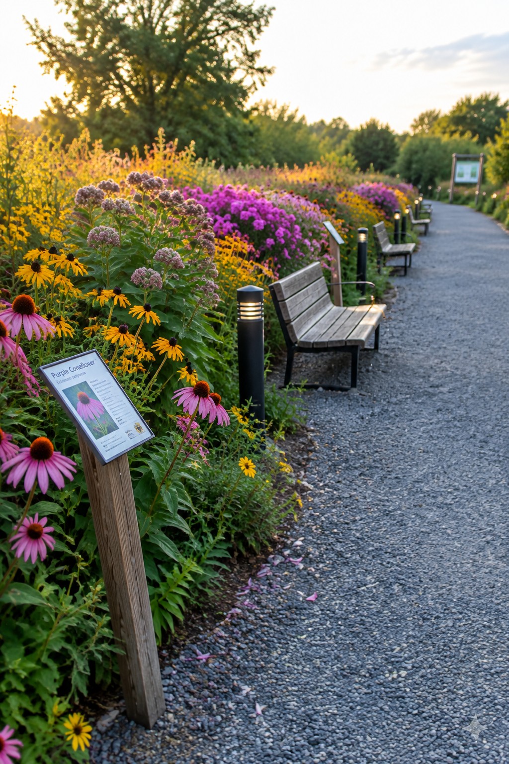 Wooden benches line a gravel path beside colorful wildflowers and a plant sign at dusk.