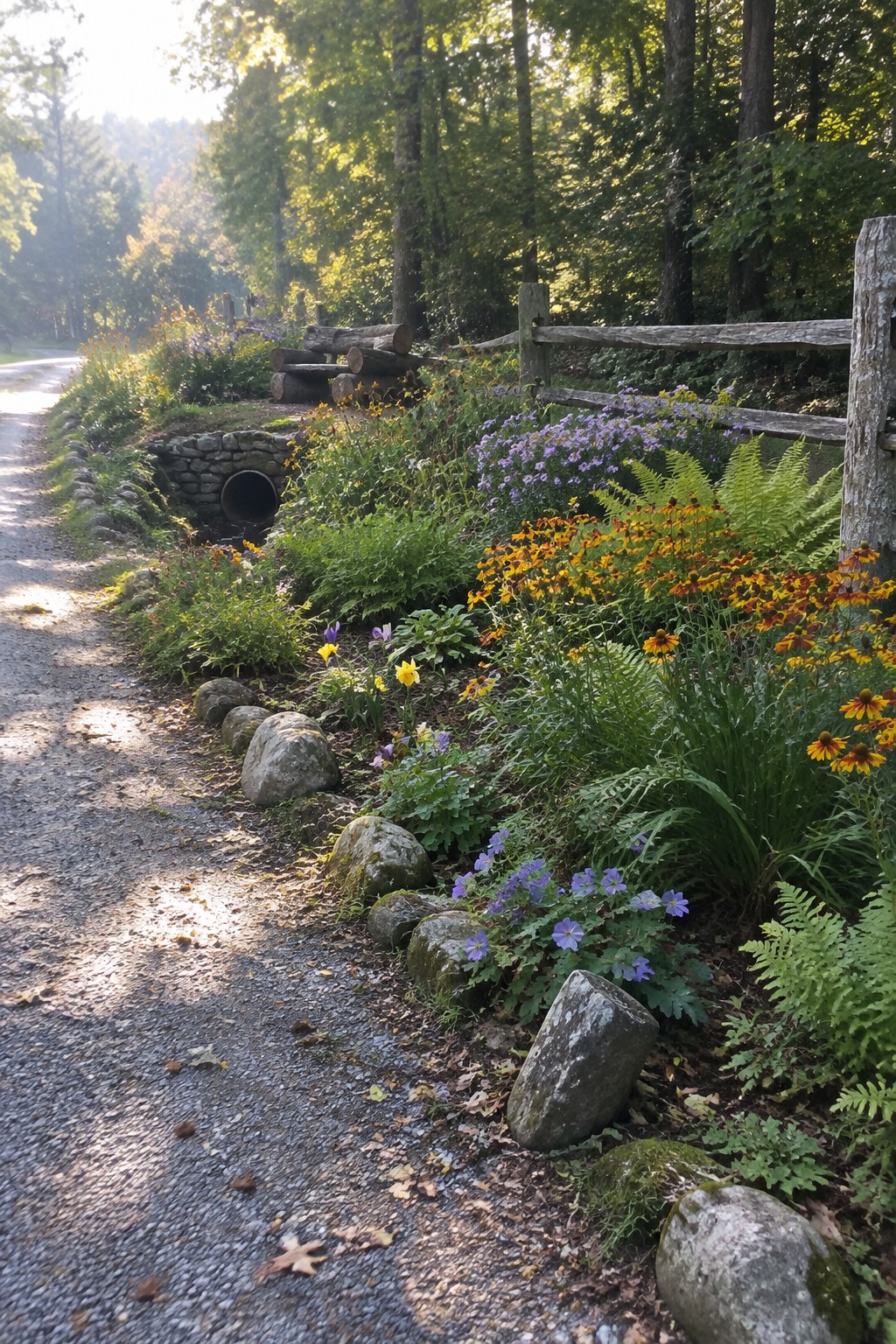Gravel path lined with rocks, vibrant wildflowers, ferns beside wooden fence in forest