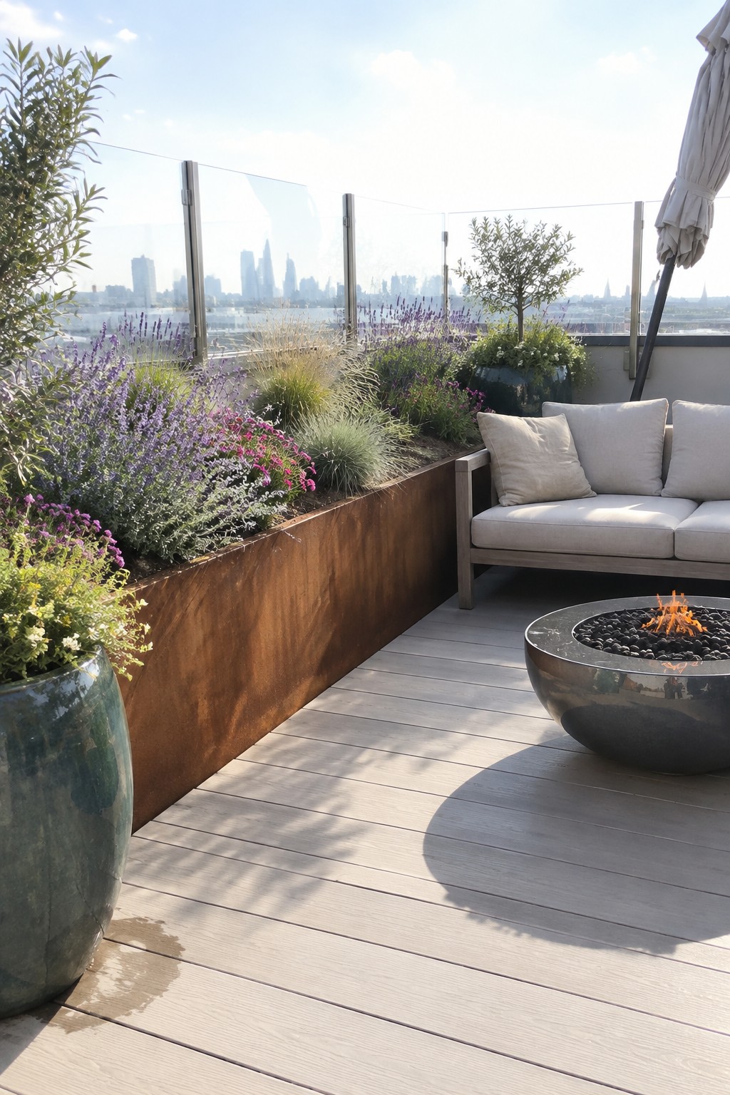 A rooftop deck features a long rusted metal planter filled with blooming purple and pink perennials beside a modern fire pit and outdoor sofa.
