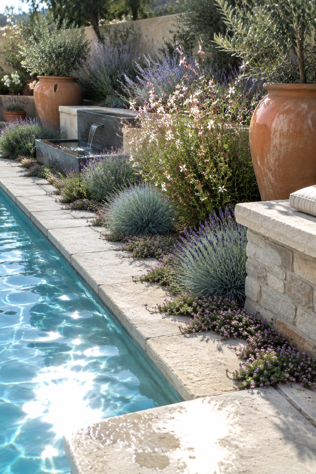 Swimming pool with lavender, flowering shrubs, and terracotta pots on stone patio