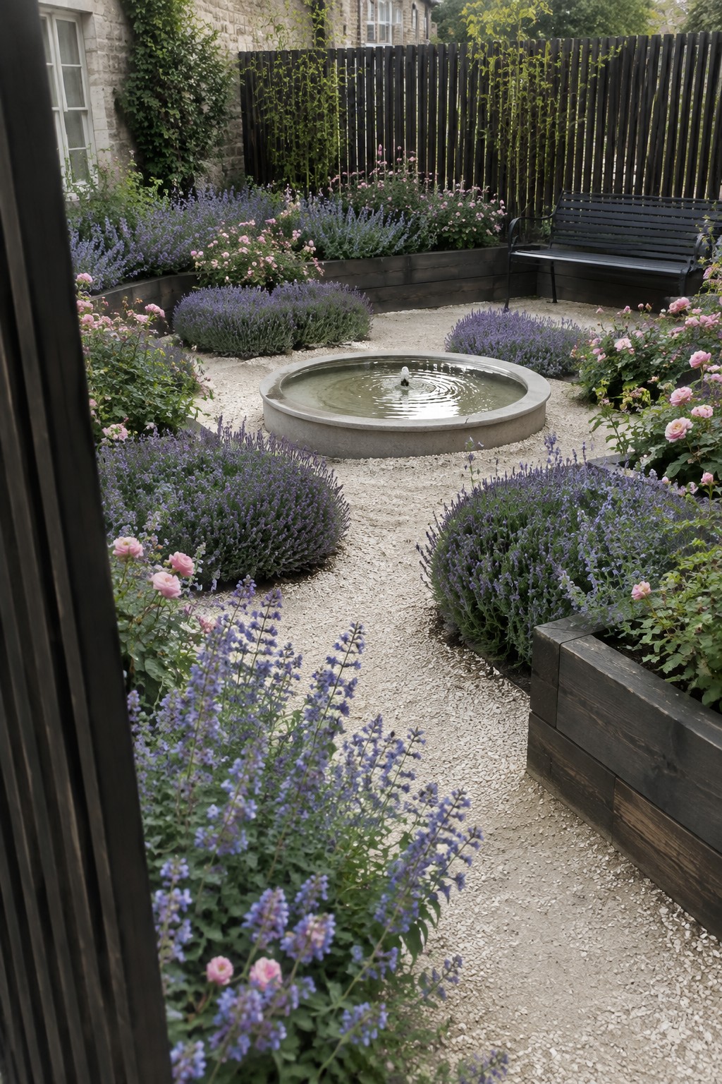 A gravel courtyard garden with a central round fountain, surrounded by raised wooden beds and mounded plantings of lavender, catmint, and pink roses, with a black bench against a dark fence.