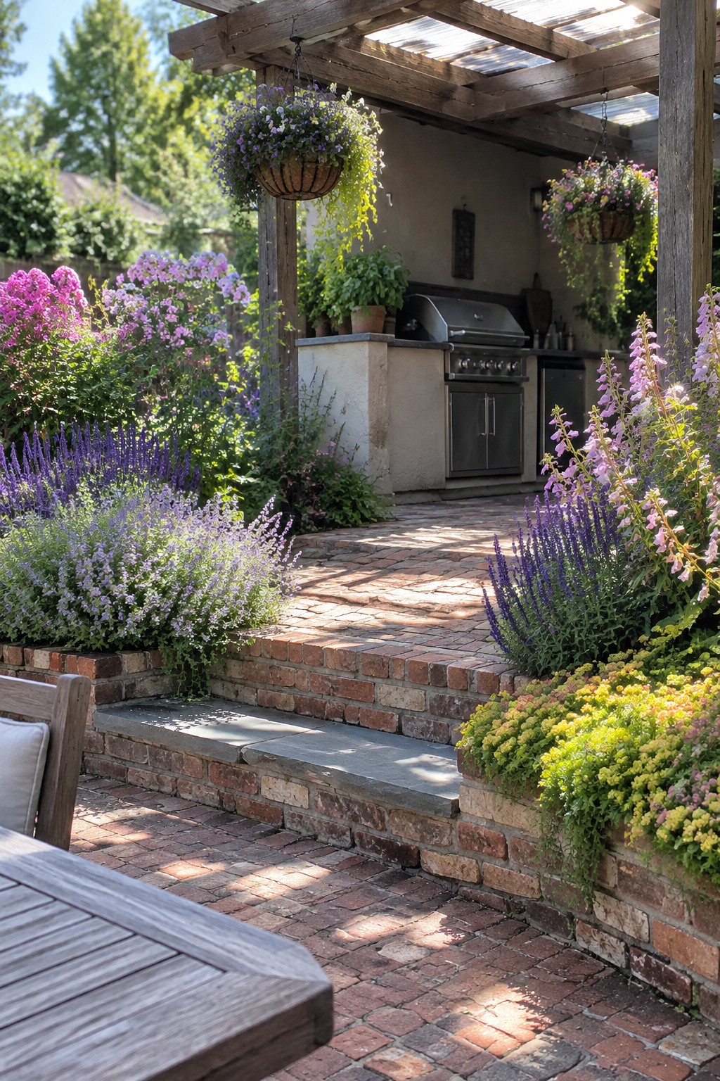 Brick patio with raised perennial beds in bloom, stone steps, and an outdoor kitchen under a wooden pergola.