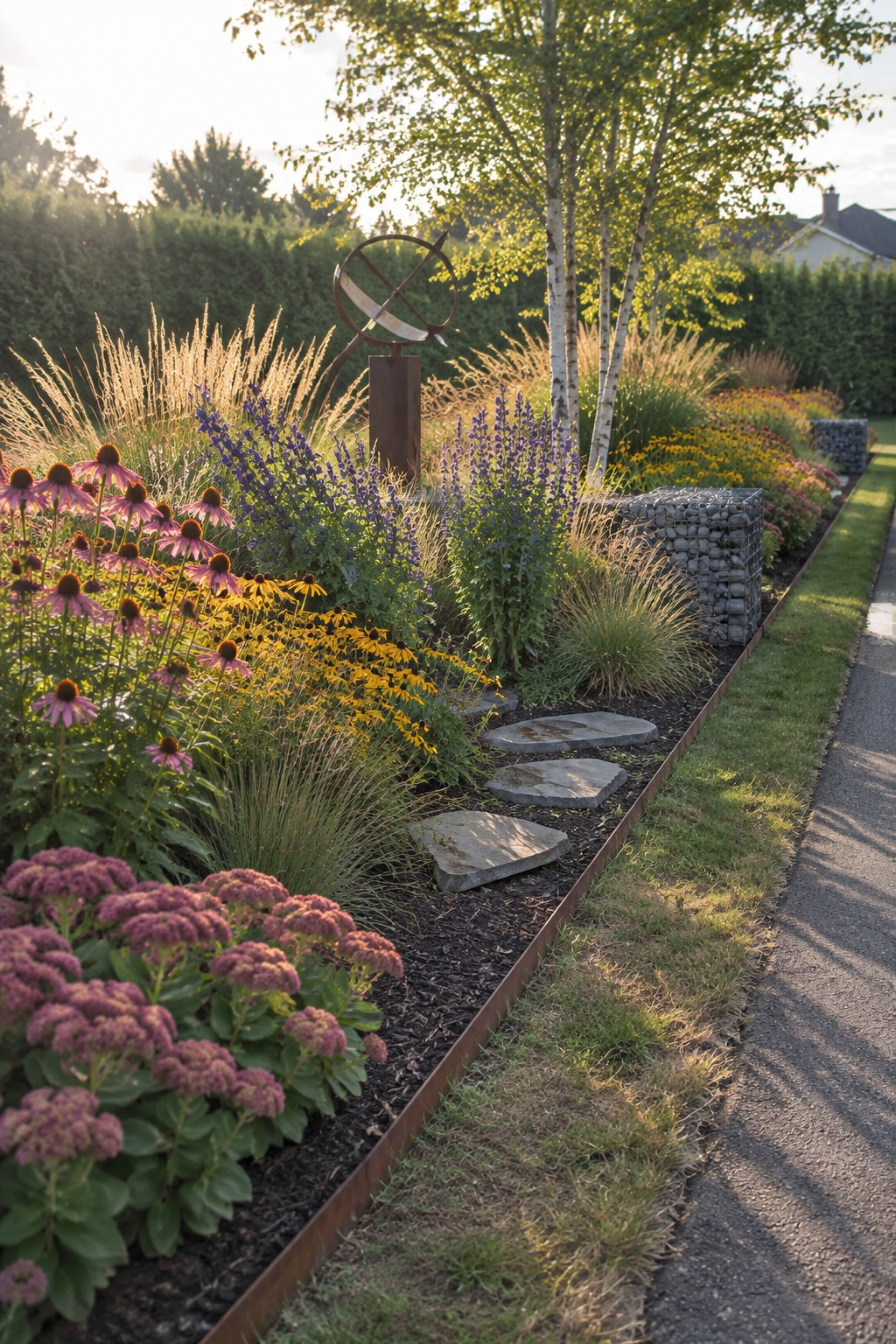 A long perennial border with pink coneflowers, yellow black-eyed Susans, purple salvia, and grasses includes irregular stepping stones set in dark mulch beside a rusted metal edge and stone gabion baskets.