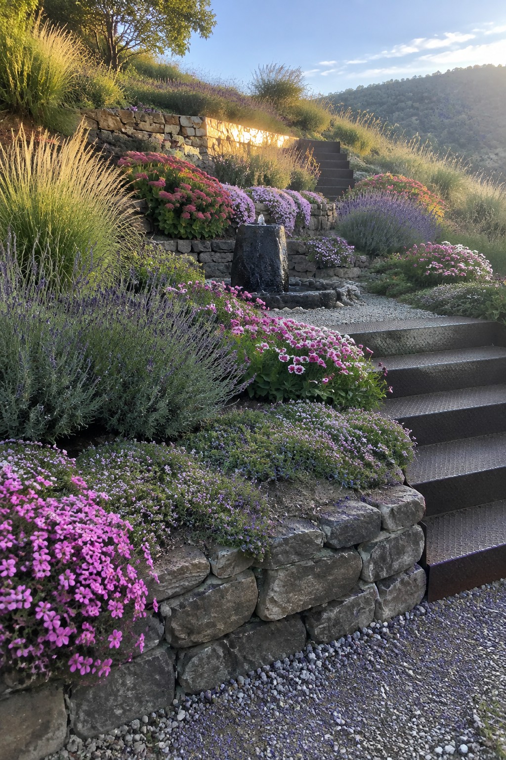 A hillside garden with multiple low stone retaining walls holding pink, purple, and green perennials, stone steps, and a gravel path leading upward.