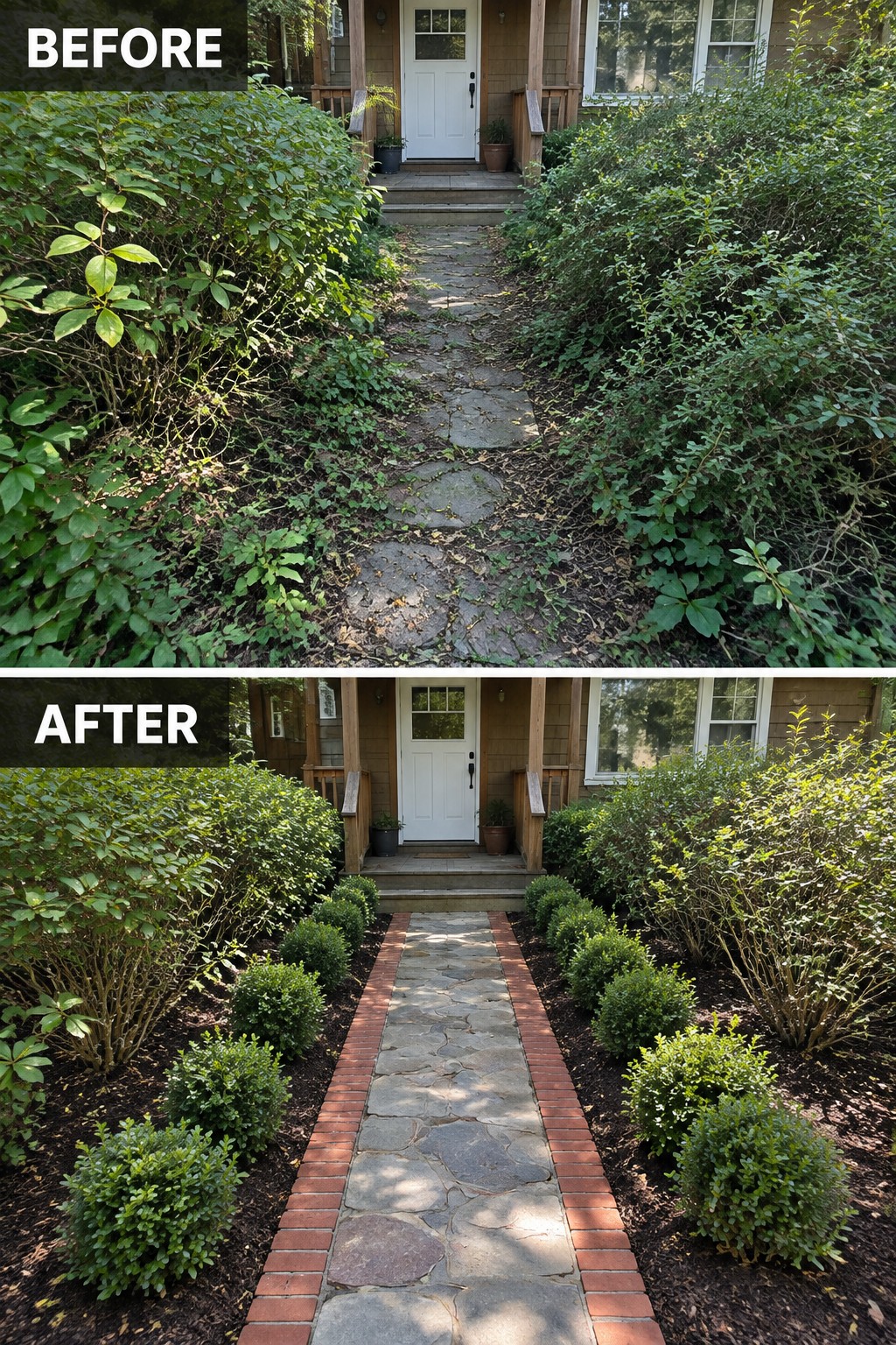 Before and after of overgrown bushes trimmed neatly along stone path to house.