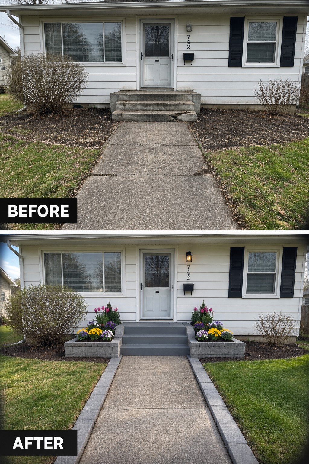 Before-and-after view of house with new paver borders, gray steps, and flower beds.