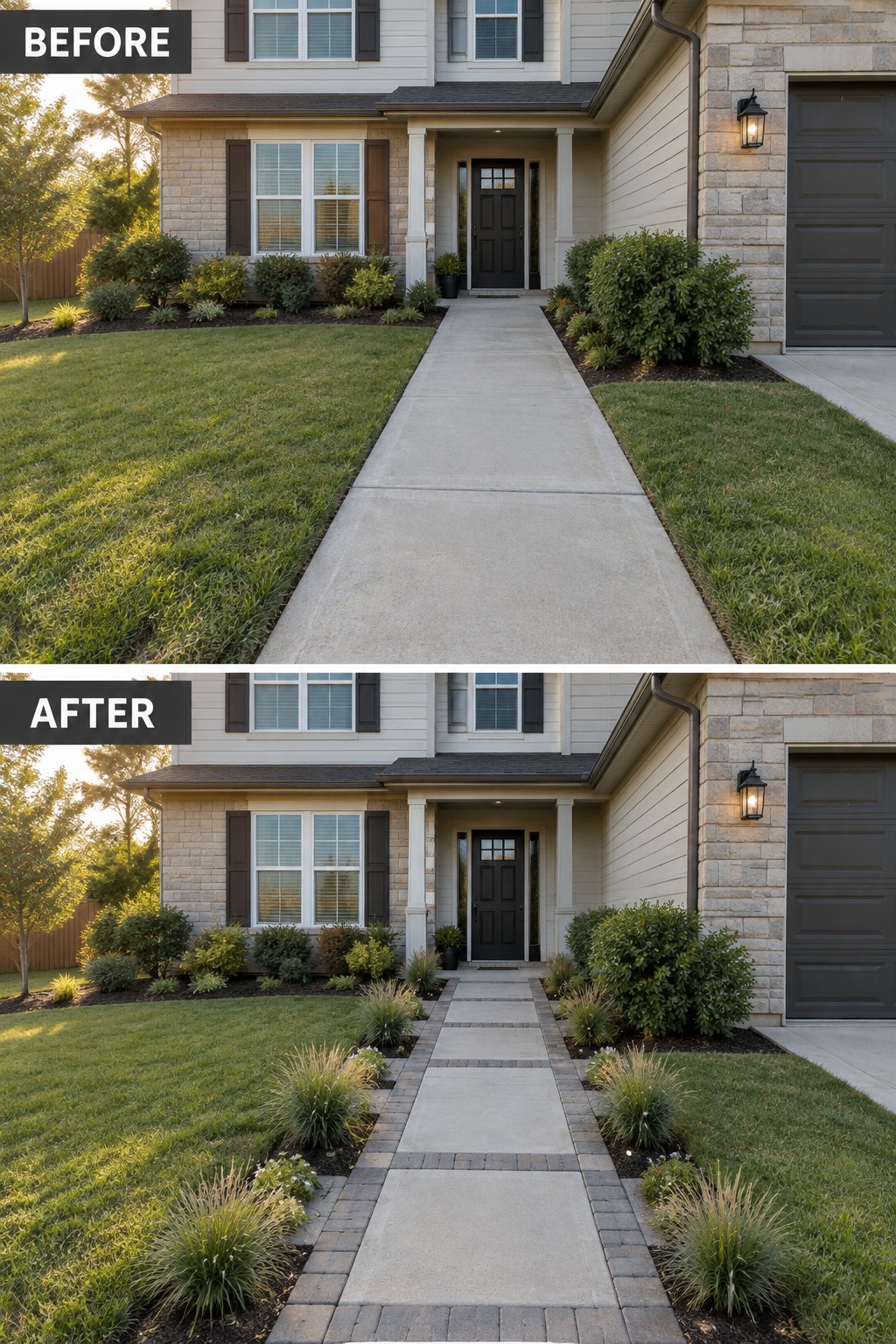 Before-and-after view of house walkway upgraded with paver borders and ornamental grasses