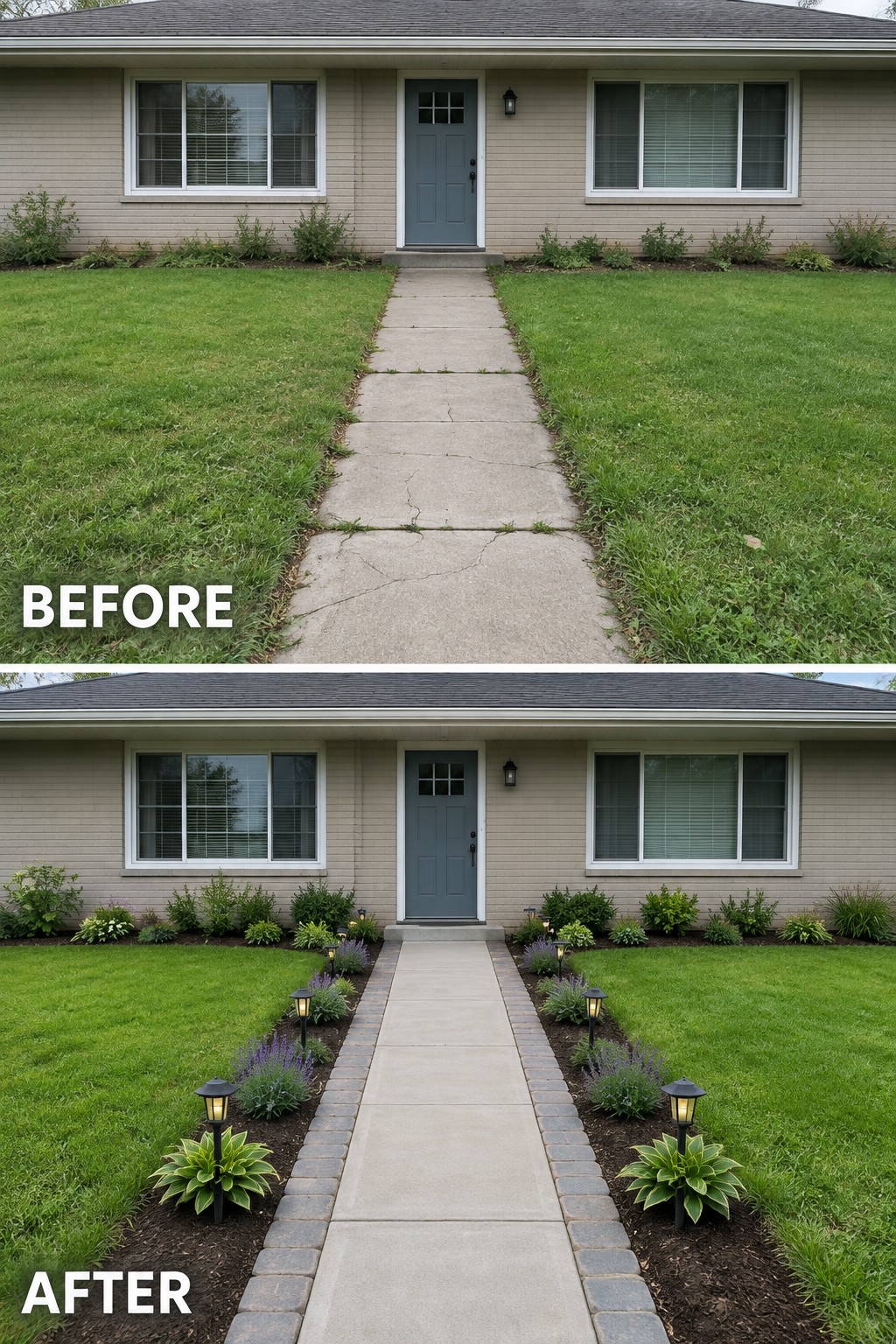 Split image comparing house front yard before and after adding flower beds and lights