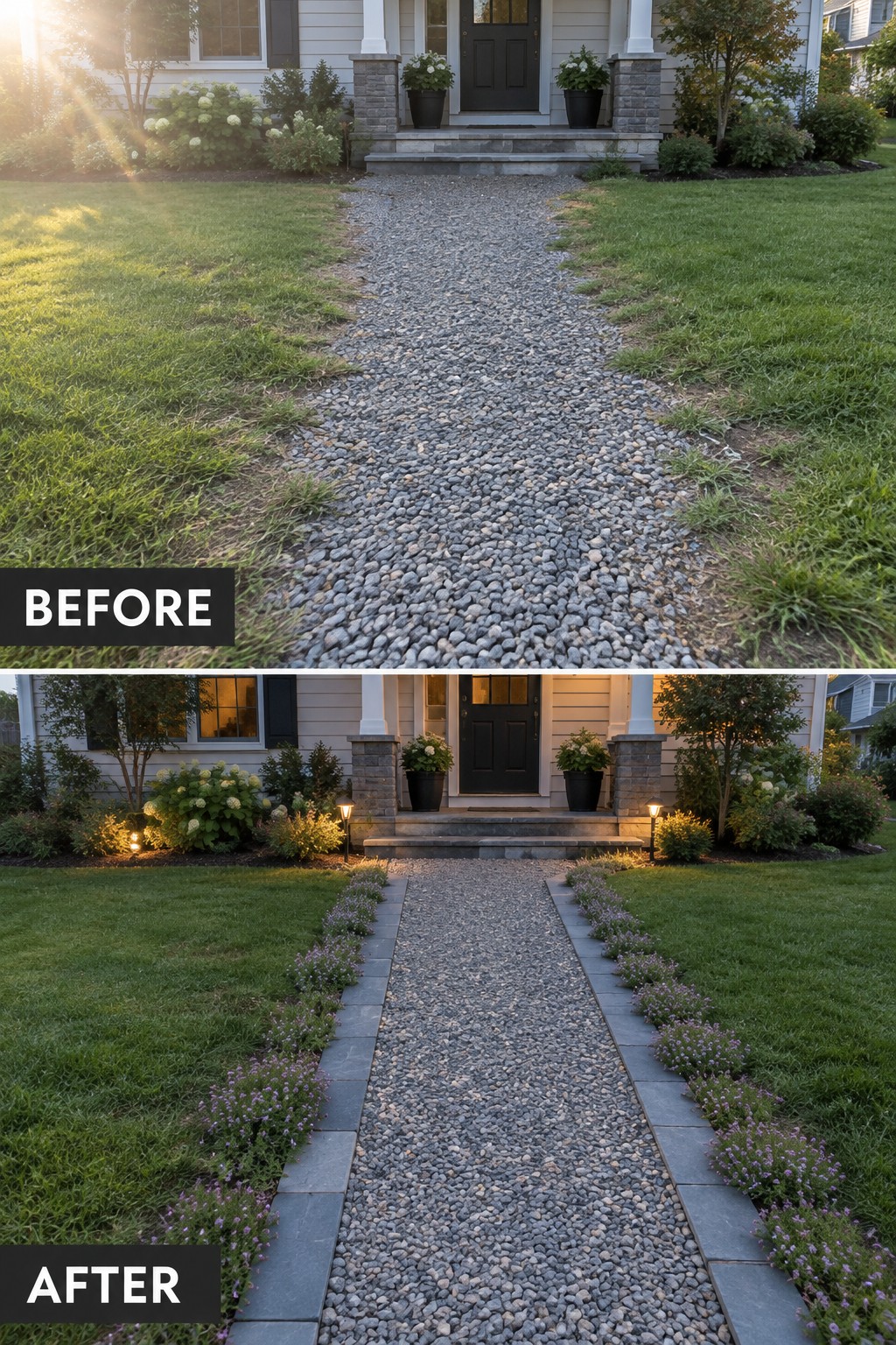 Before and after gravel path to house with stone borders and purple flowers.