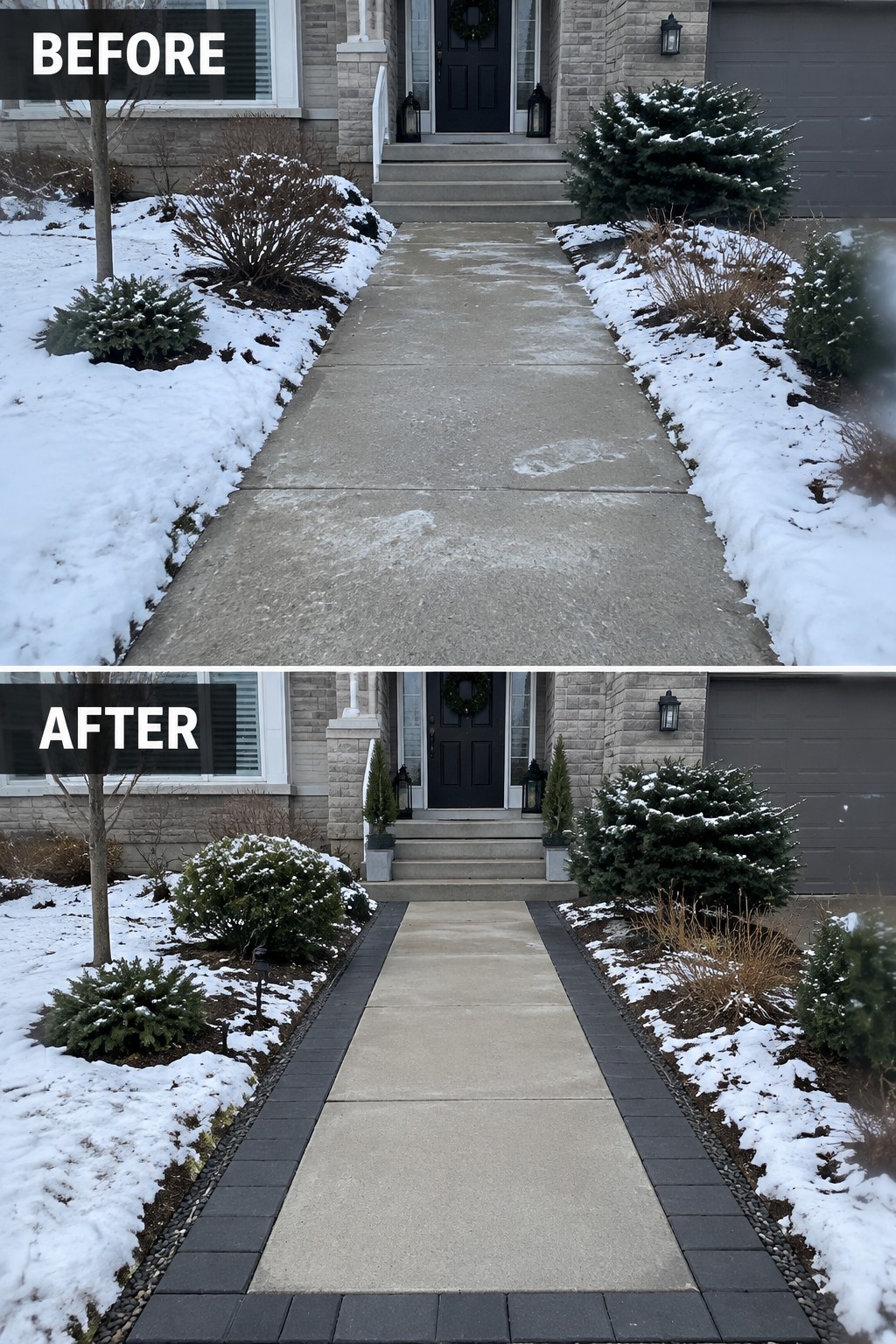 Before-and-after image of a front concrete walkway updated with dark paver borders along both sides.